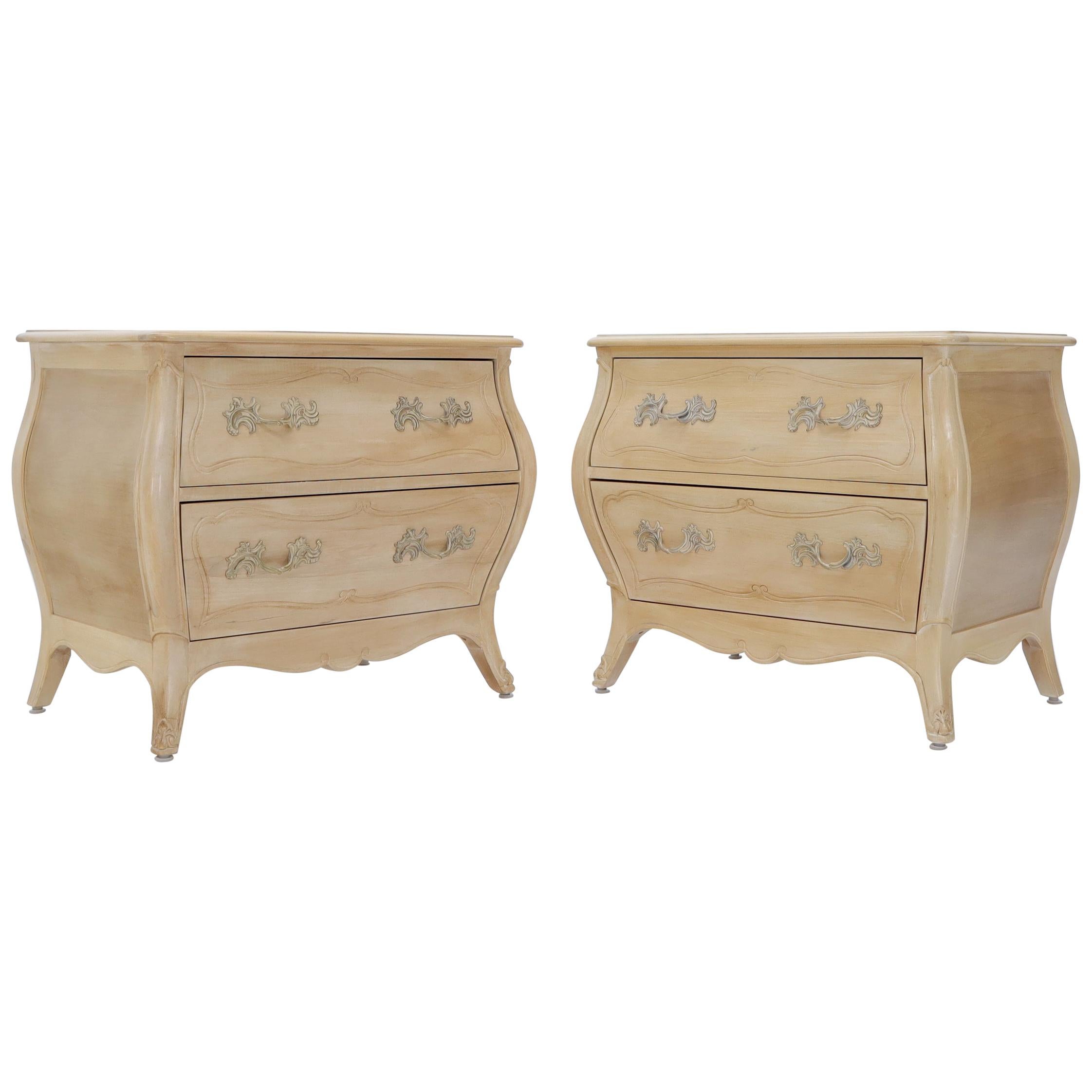 Henredon French Country White Wash Finish Bombe Nightstands End Side Tables