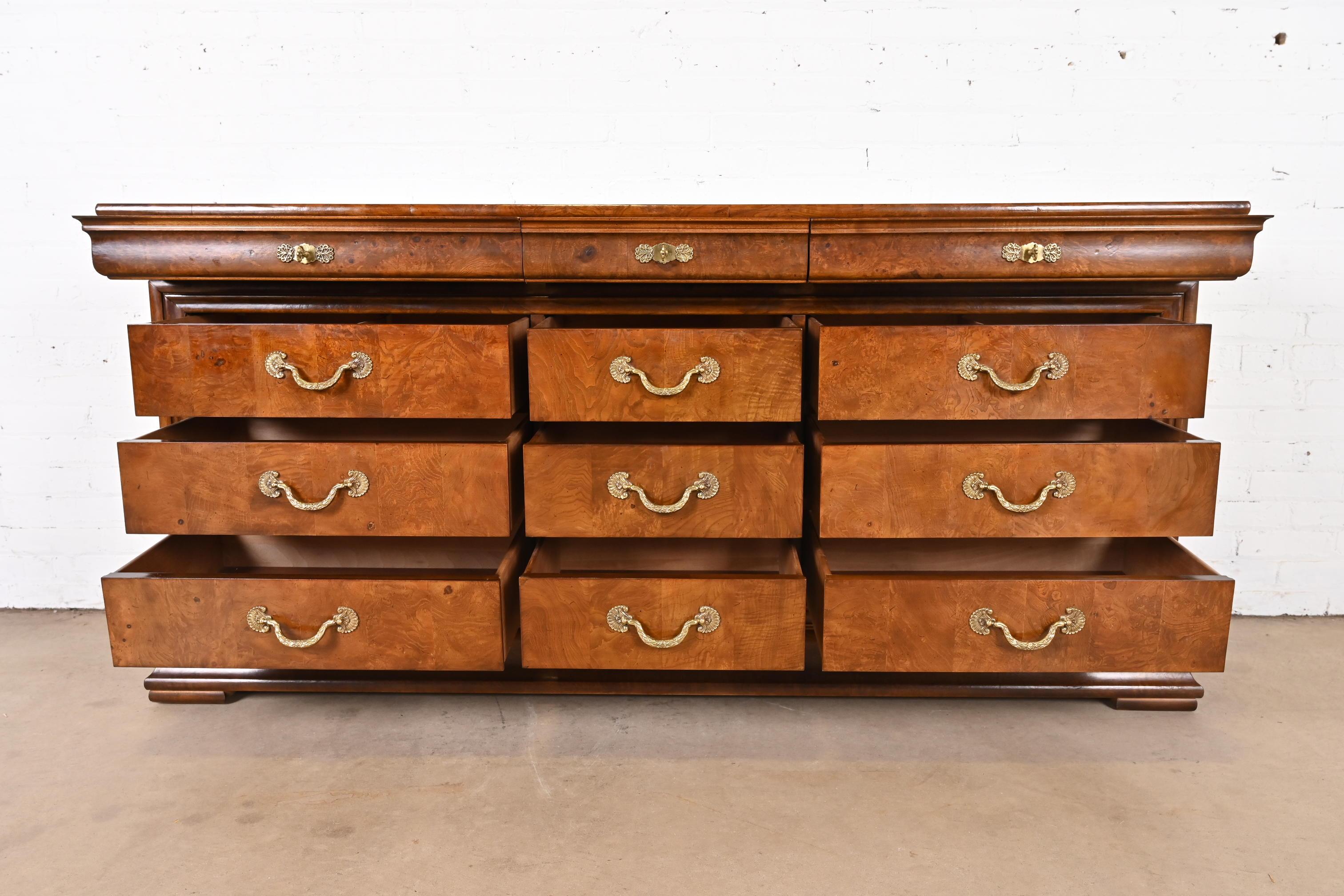 Henredon French Empire Burl Wood Twelve Drawer Dresser For Sale 4