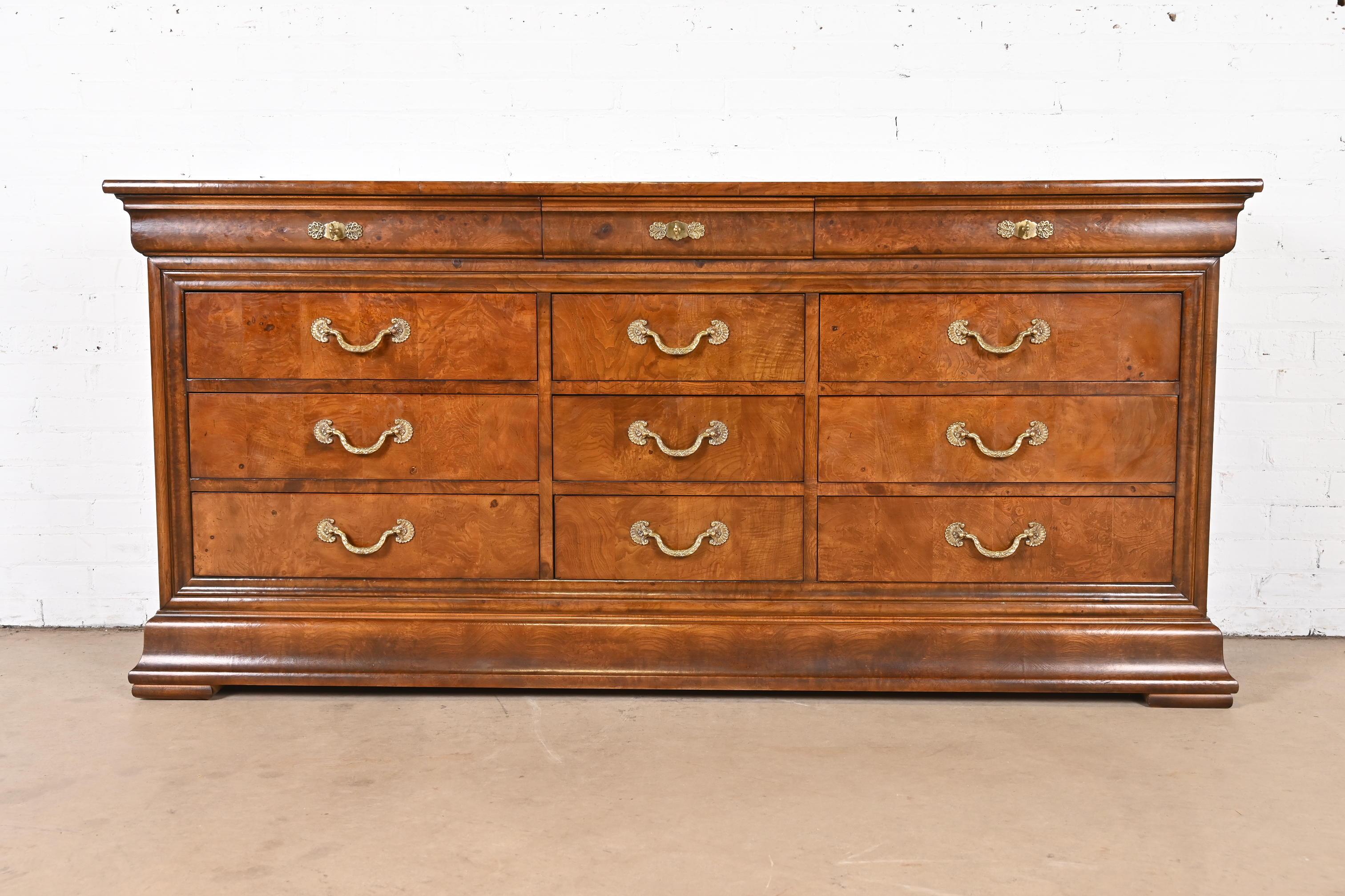 American Henredon French Empire Burl Wood Twelve Drawer Dresser For Sale