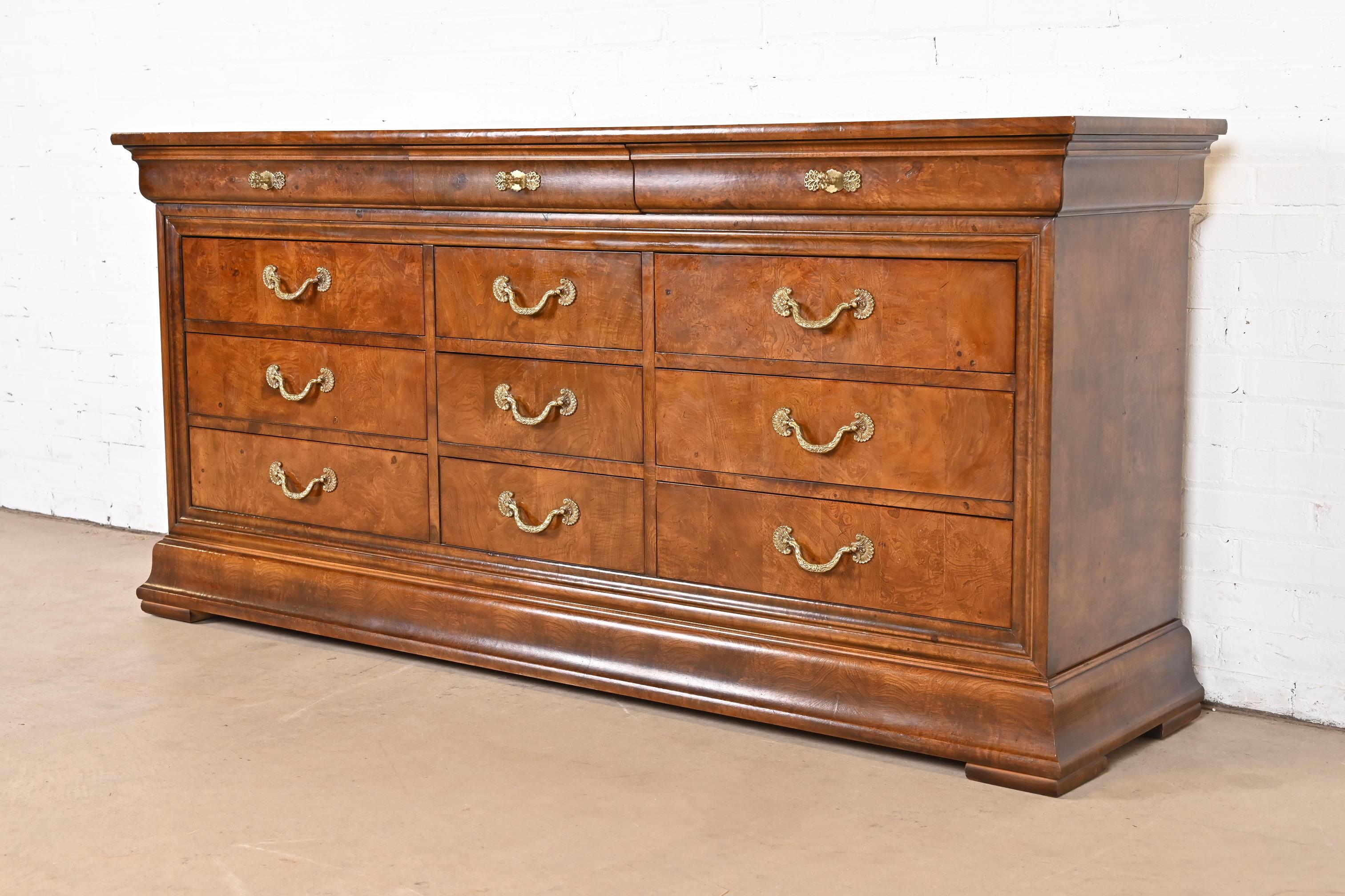 Late 20th Century Henredon French Empire Burl Wood Twelve Drawer Dresser For Sale