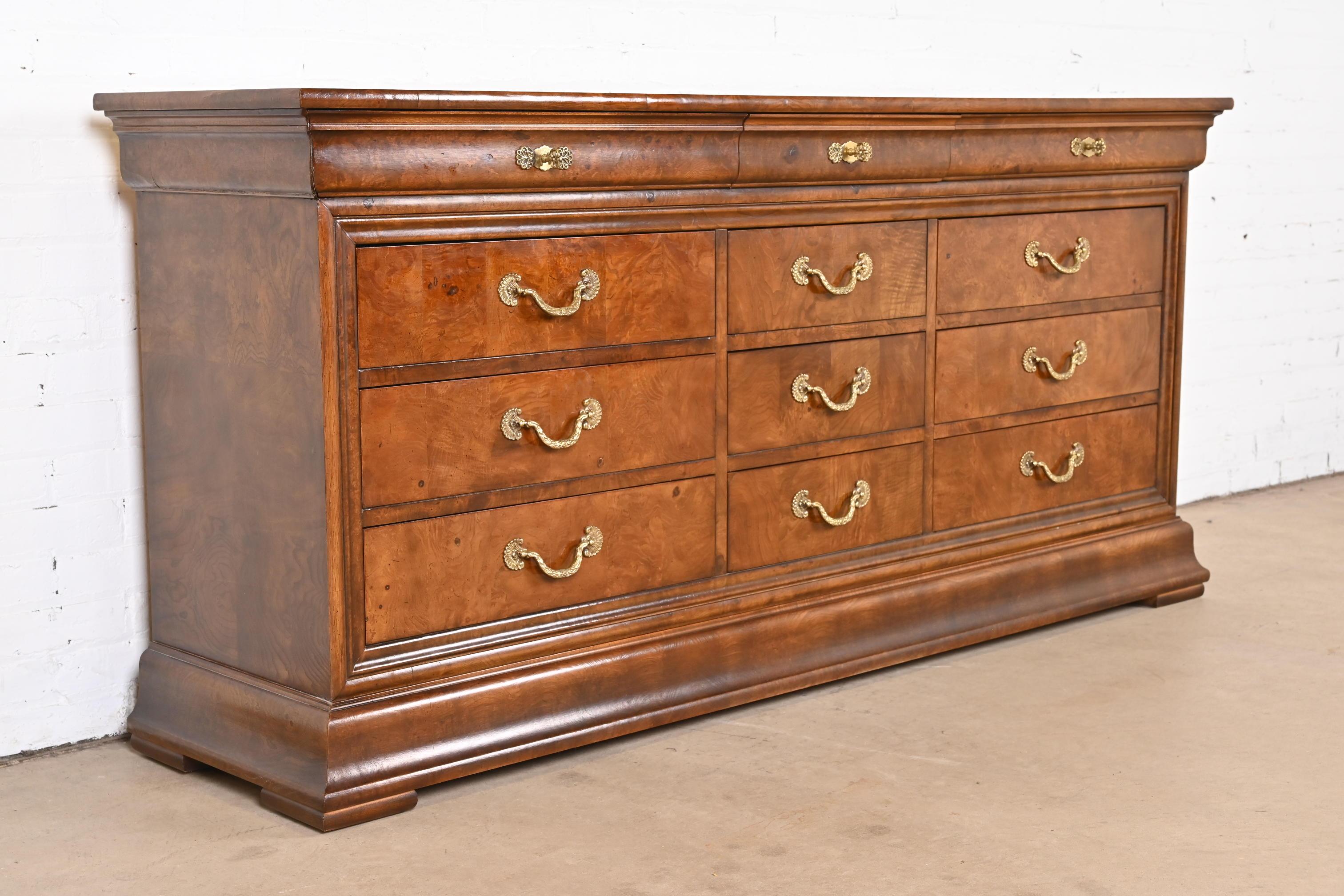 Brass Henredon French Empire Burl Wood Twelve Drawer Dresser For Sale