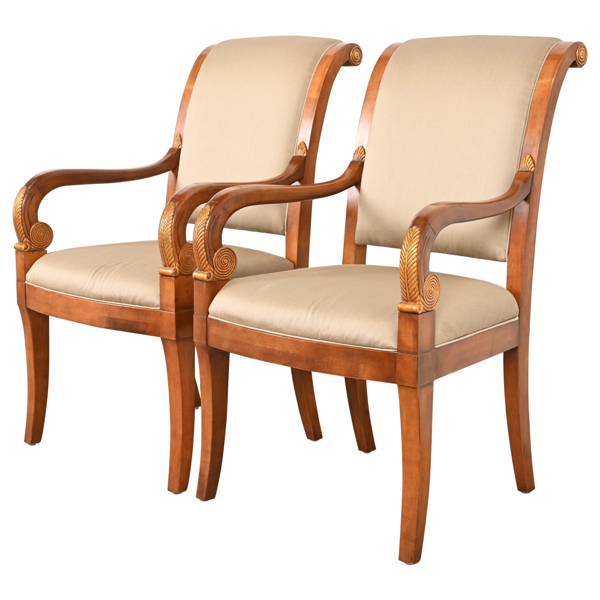 Henredon French Empire Carved Walnut and Giltwood Armchairs, Pair