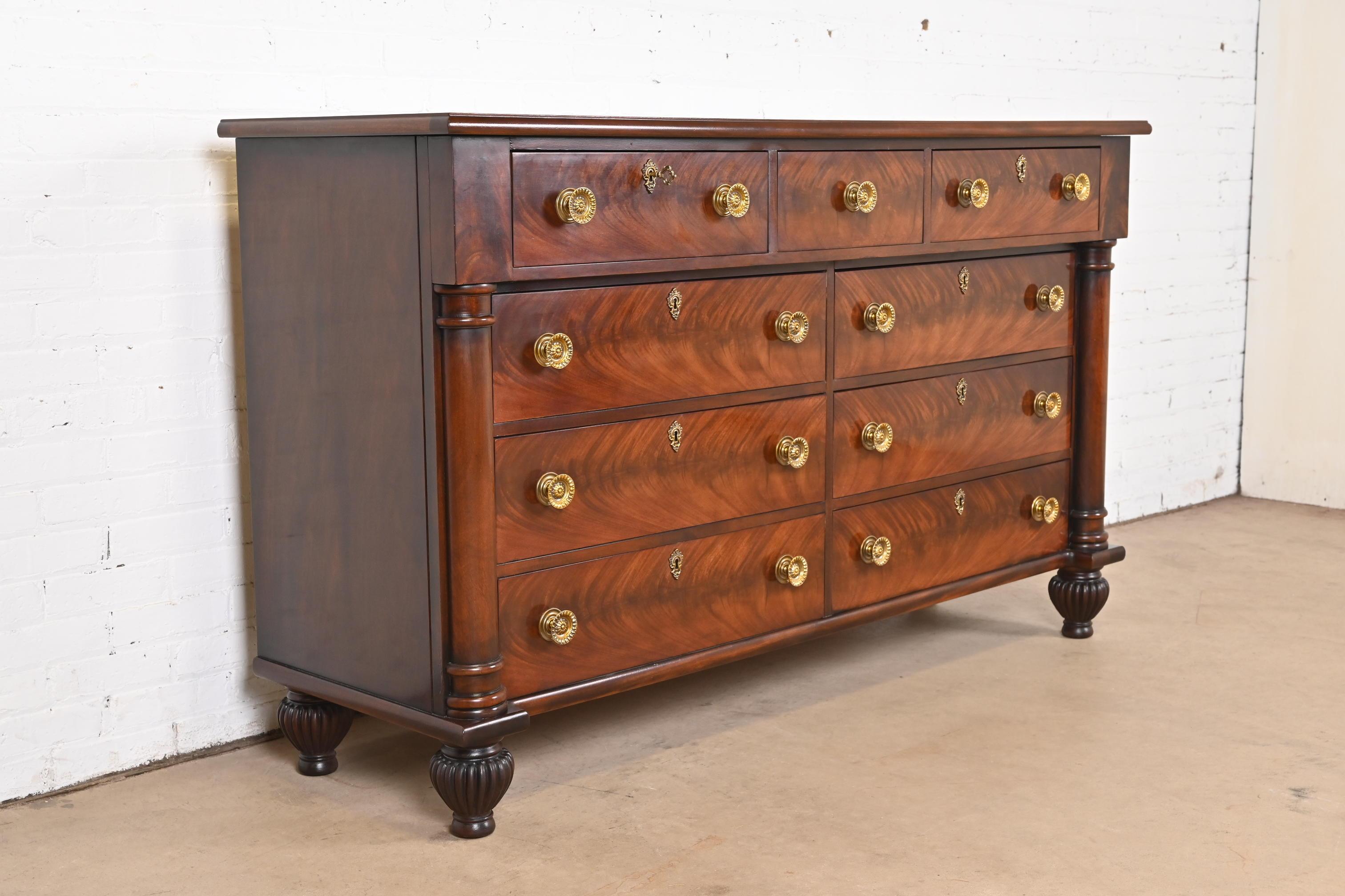 Brass Henredon French Empire Flame Mahogany Dresser or Chest of Drawers