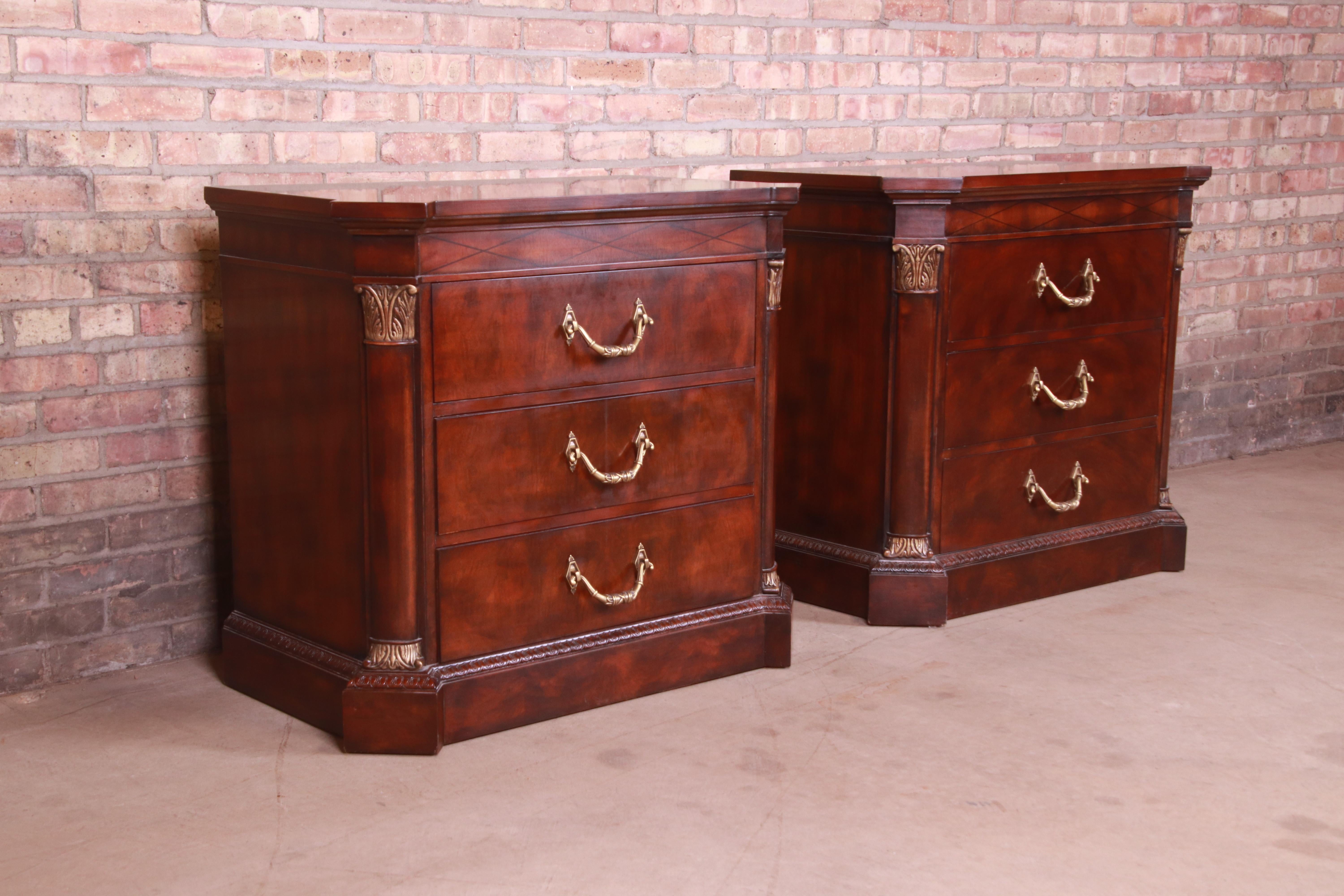 Brass Henredon French Empire Mahogany Bedside Chests, Pair
