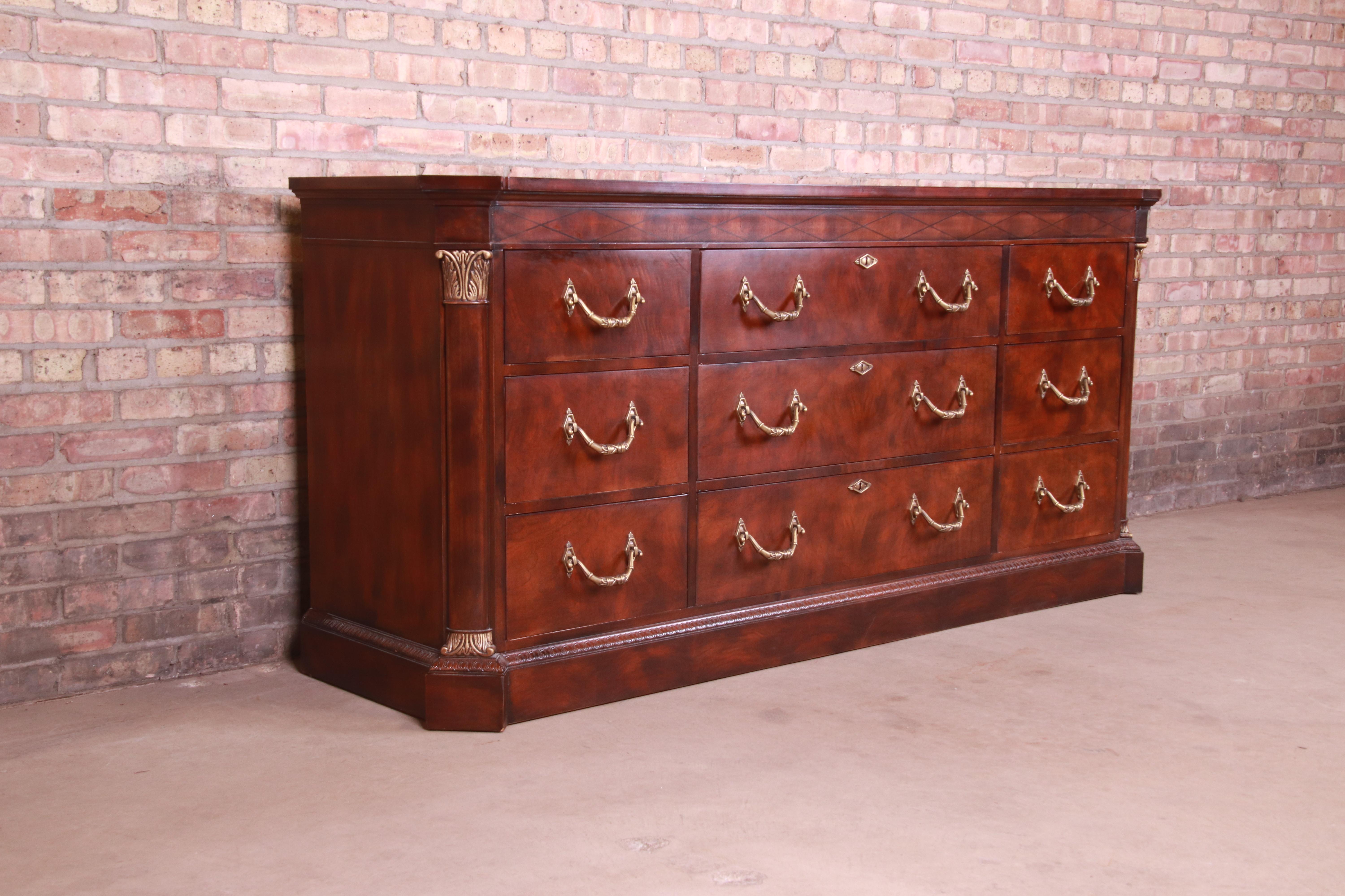 Brass Henredon French Empire Mahogany Triple Dresser or Credenza