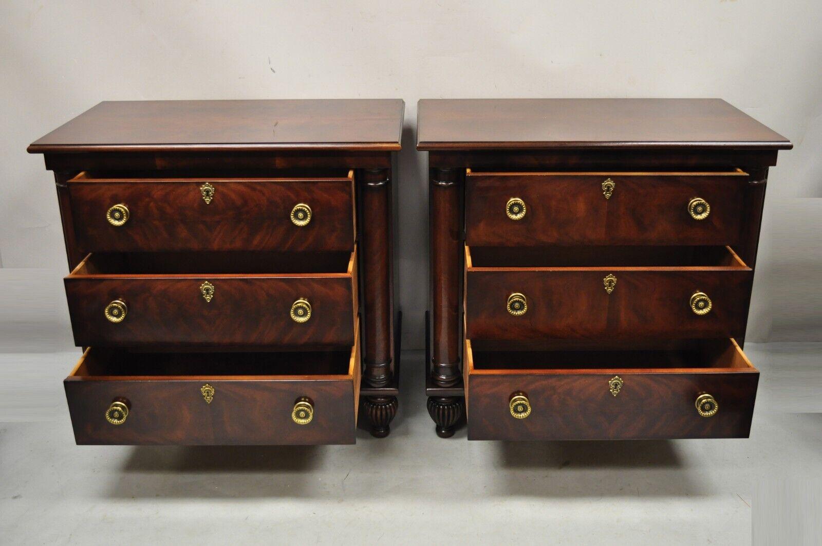 Henredon French Empire neoclassical style Mahogany 3 drawer nightstands - a pair. Item features carved bun feet, solid wood construction, beautiful woodgrain, original labels, 3 dovetailed drawers, solid brass hardware, quality American