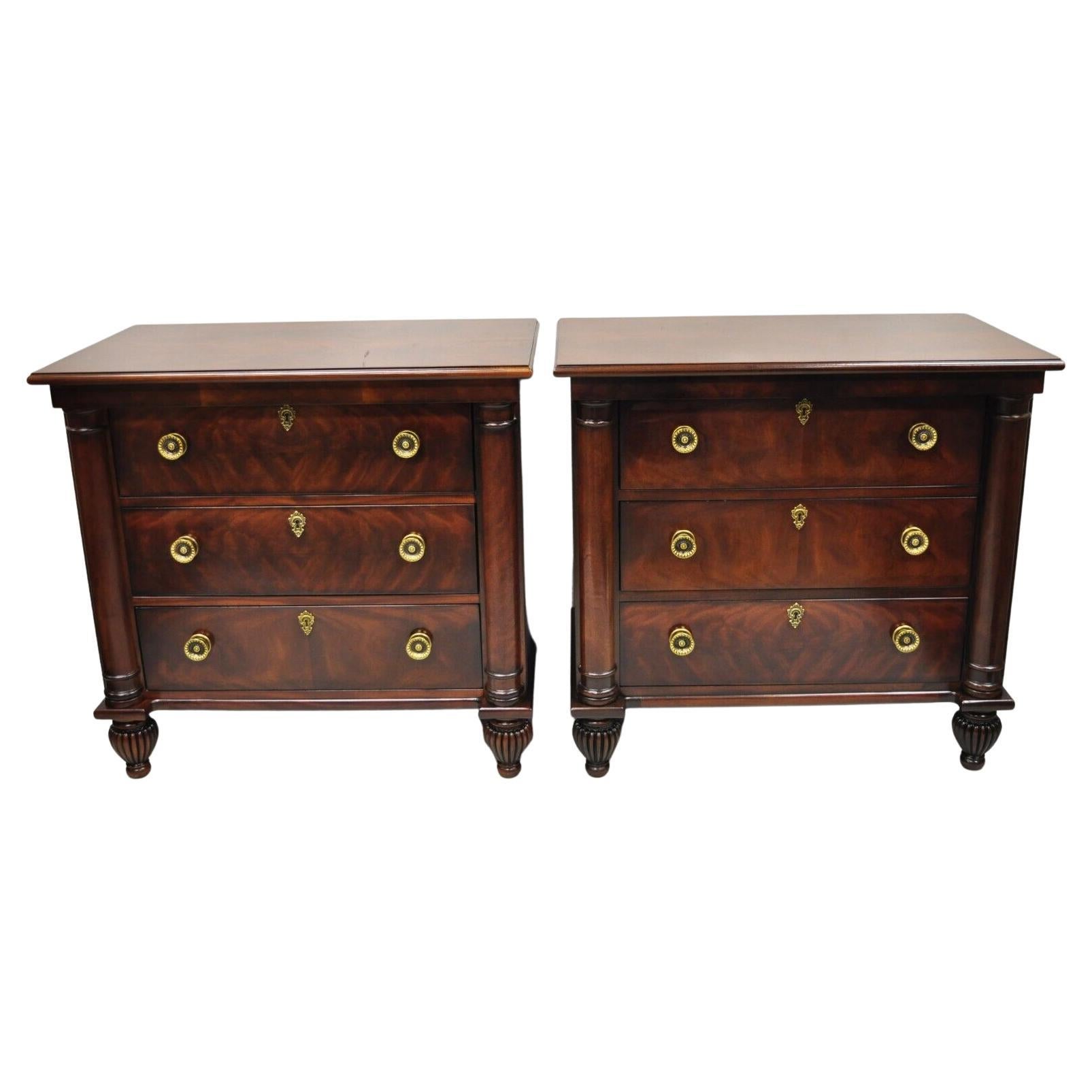 Henredon French Empire Neoclassical Style Mahogany 3 Drawer Nightstands, a Pair