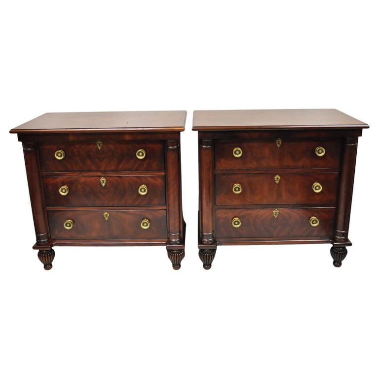 Henredon French Empire Neoclassical Style Mahogany 3 Drawer Nightstands