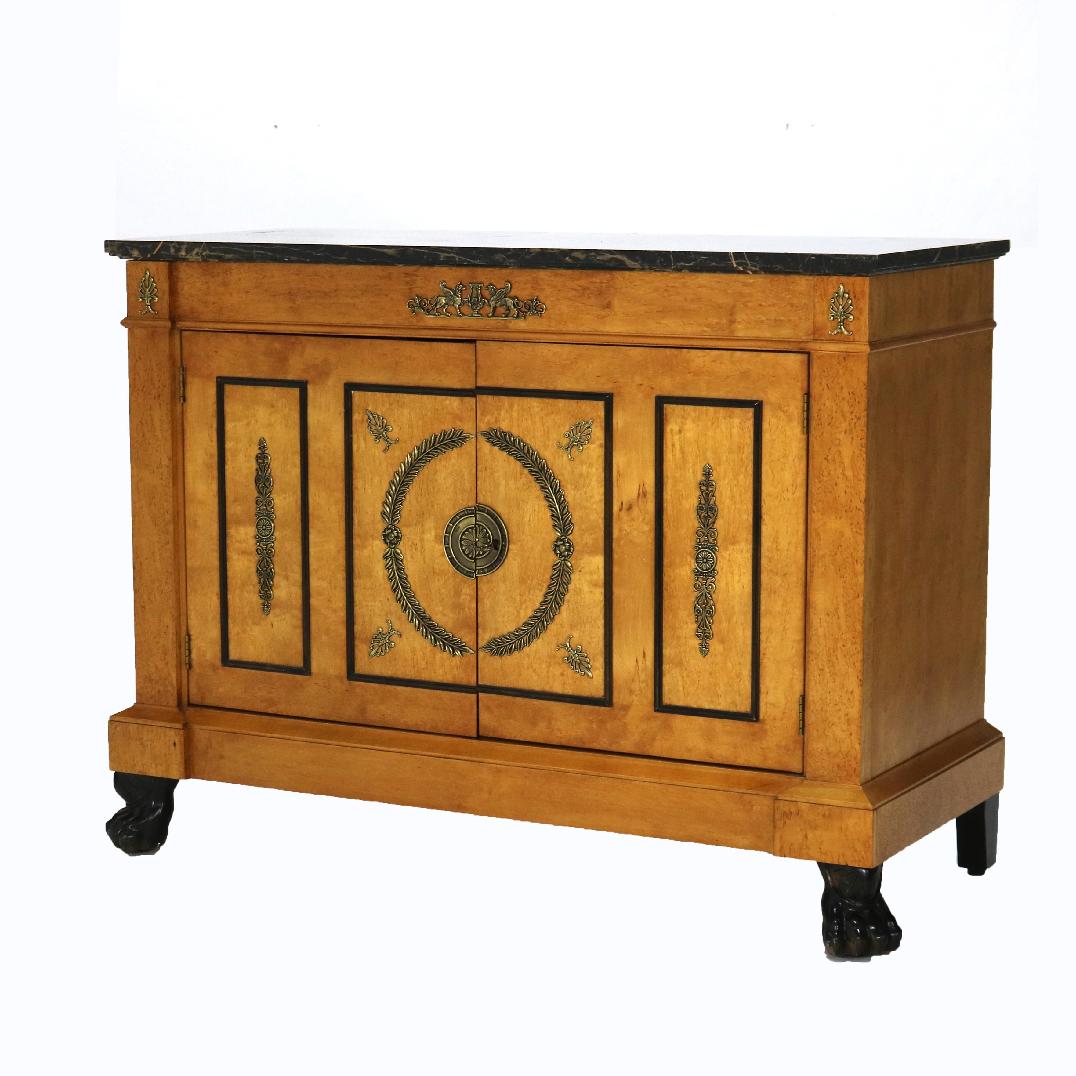 ***Reduced In-House Delivery Rates - Click on “Ask Seller” to Request a Quote***

Henredon French Empire Satinwood And Ormolu Claw Foot Server With Marble Top Signed 20thC.   
35 7/8