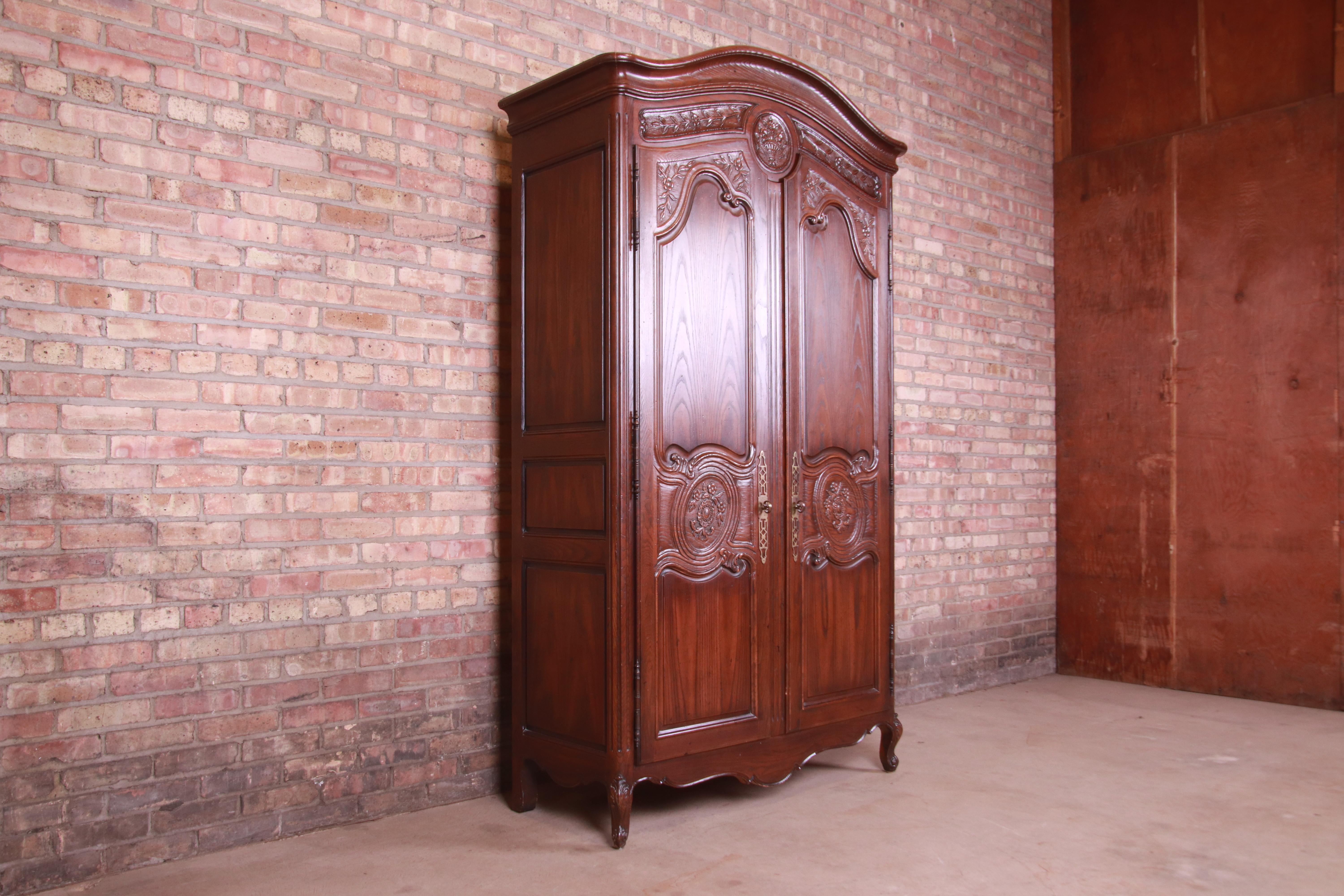 Brass Henredon French Provincial Louis XV Carved Oak Armoire Dresser