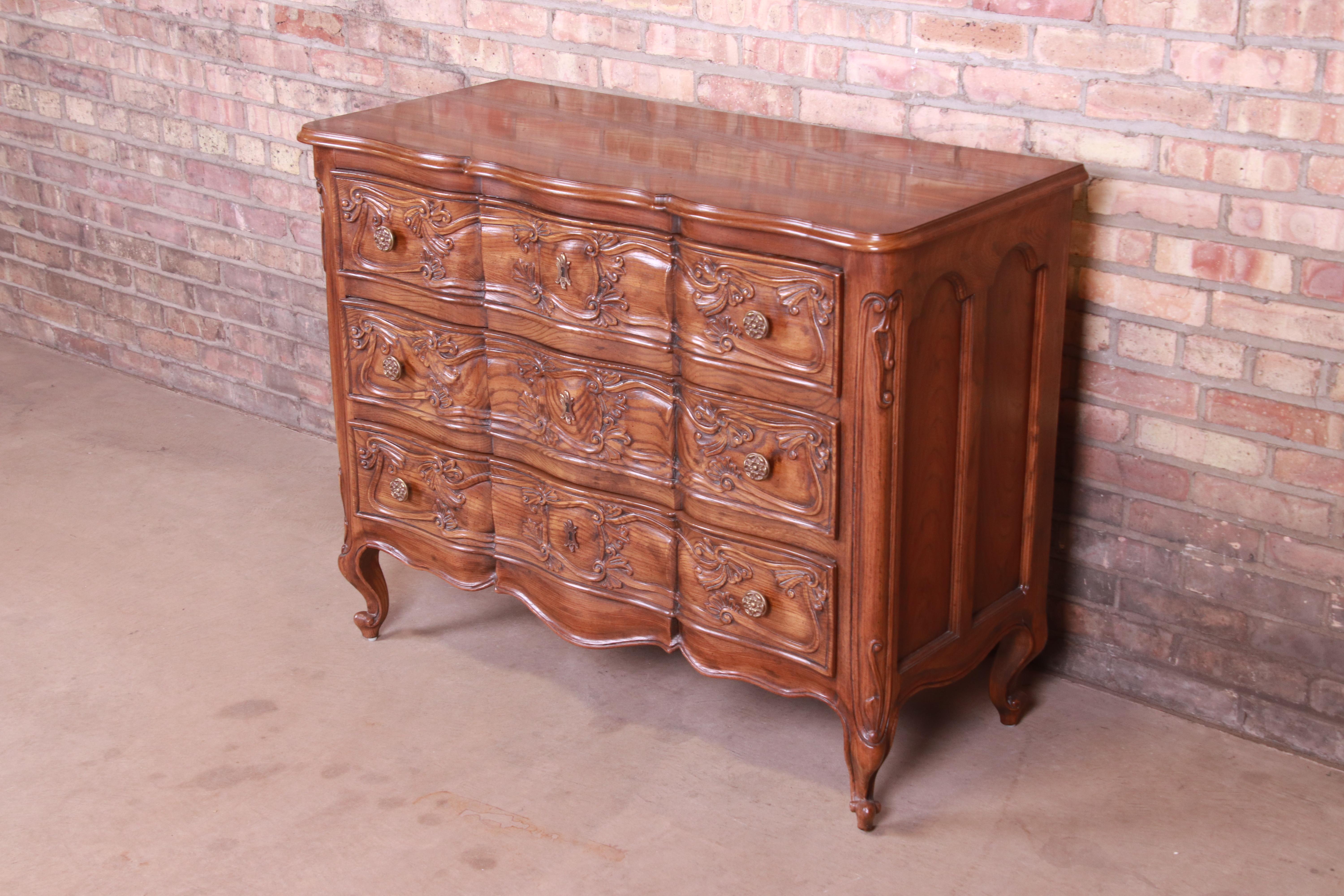 American Henredon French Provincial Louis XV Carved Oak Commode or Chest of Drawers