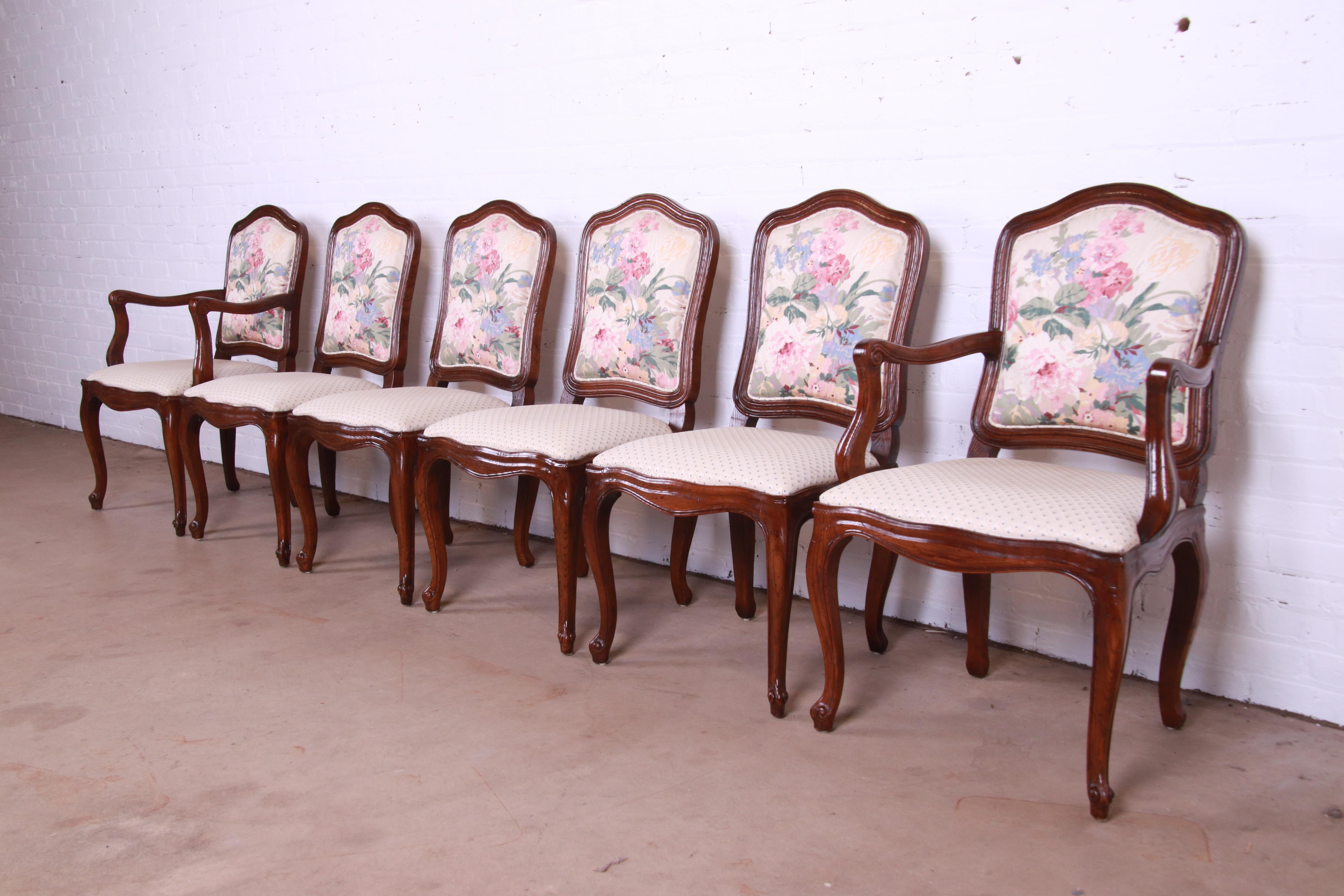 American Henredon French Provincial Louis XV Carved Oak Floral Upholstered Dining Chairs For Sale