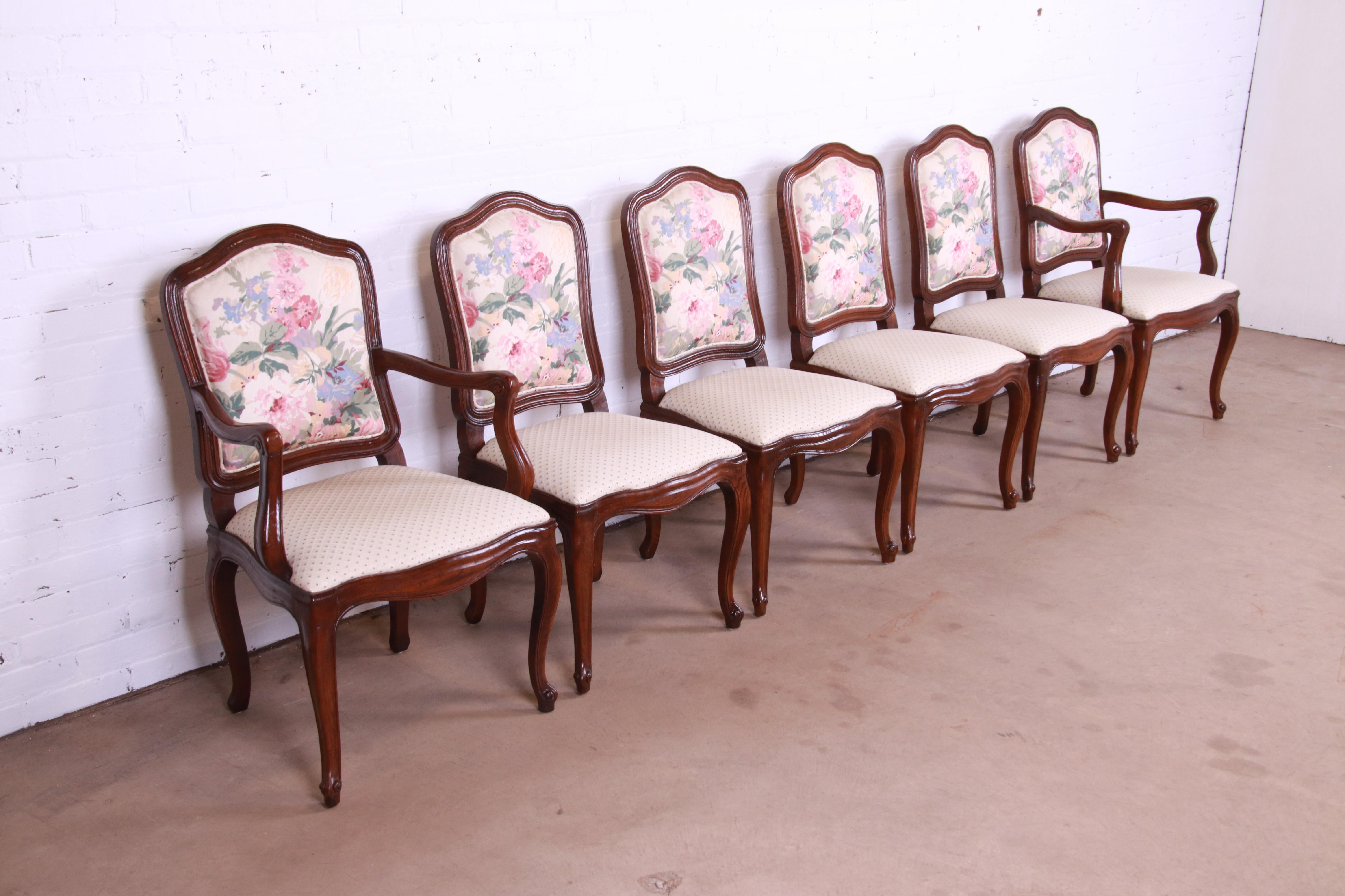 American Henredon French Provincial Louis XV Carved Oak Floral Upholstered Dining Chairs