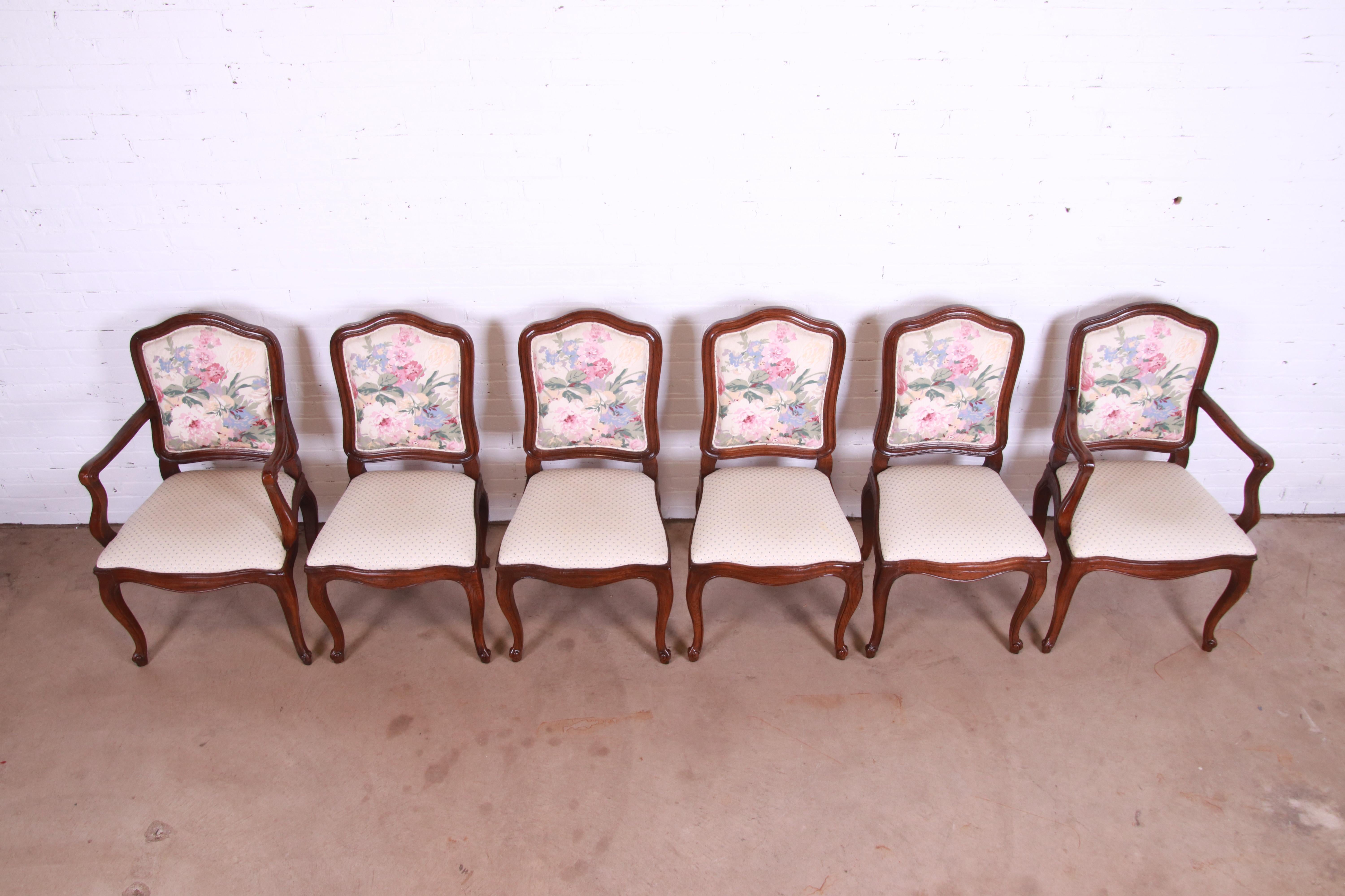 Upholstery Henredon French Provincial Louis XV Carved Oak Floral Upholstered Dining Chairs For Sale