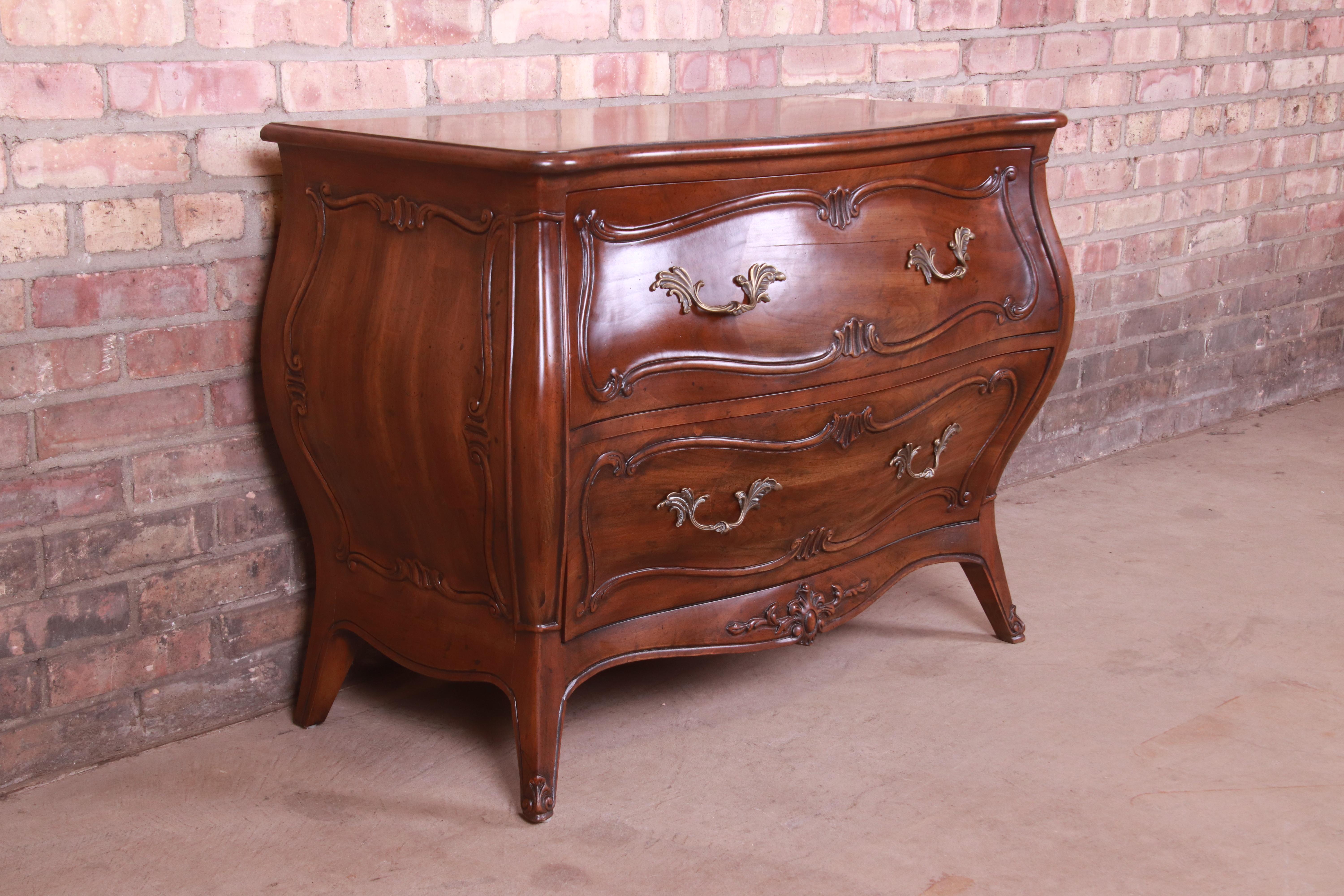 Brass Henredon French Provincial Louis XV Carved Walnut Bombay Chest For Sale