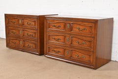Henredon French Provincial Louis XV Carved Walnut Chests of Drawers, Pair