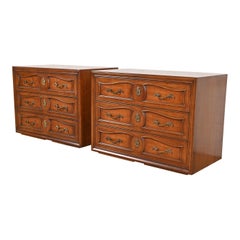 Henredon French Provincial Louis XV Carved Walnut Chests of Drawers, Pair