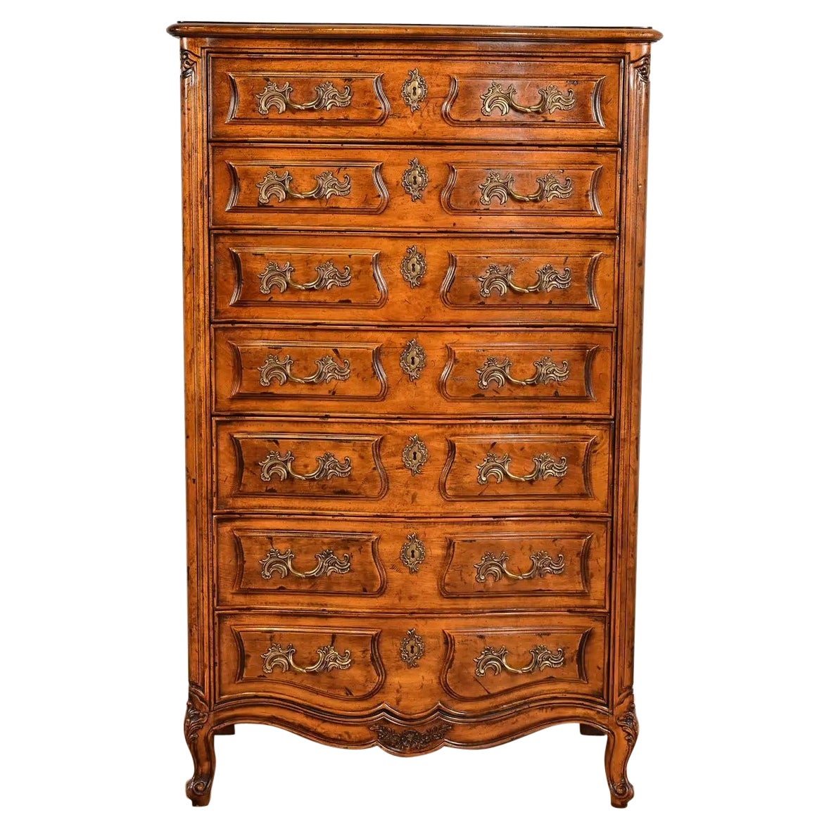Henredon French Provincial Louis XV Carved Walnut Highboy Dresser or Semainier