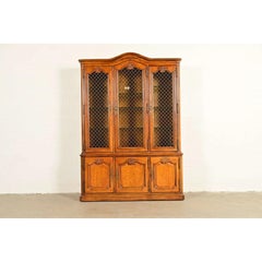 Henredon French Provincial Louis XV Carved Walnut Lighted Breakfront Bookcase