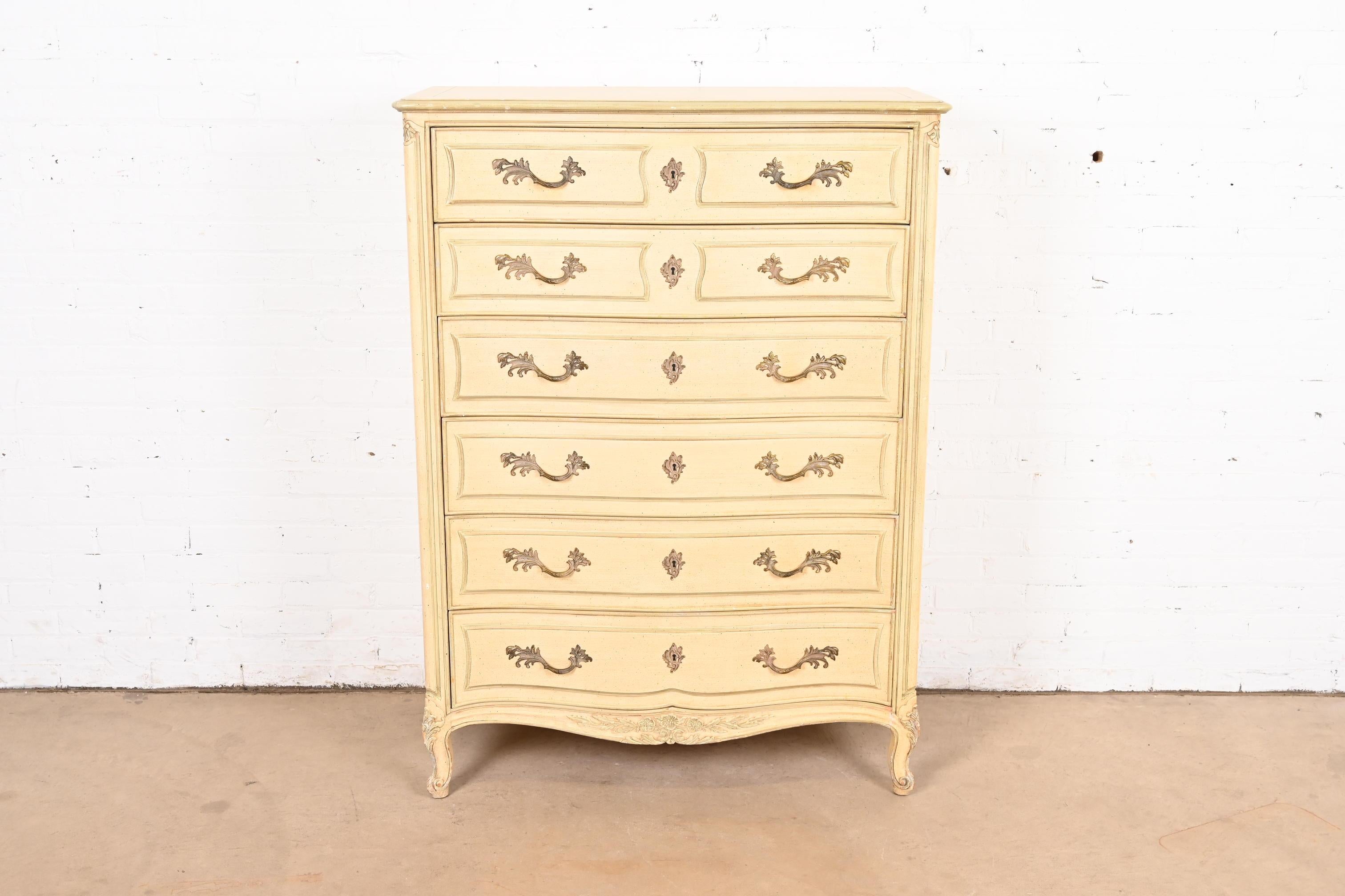 American Henredon French Provincial Louis XV Cream Lacquered Highboy Dresser, Circa 1960s For Sale