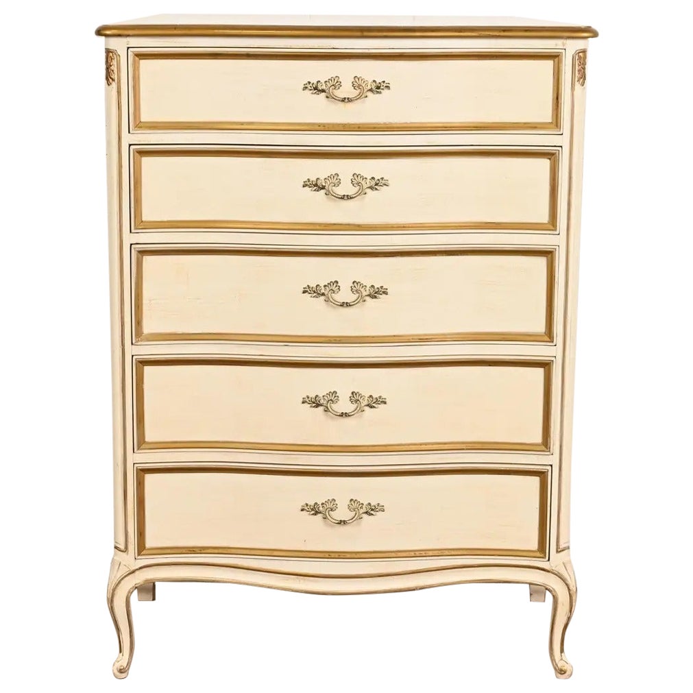Henredon French Provincial Louis XV Cream Lacquered Parcel Gilt Highboy Dresser