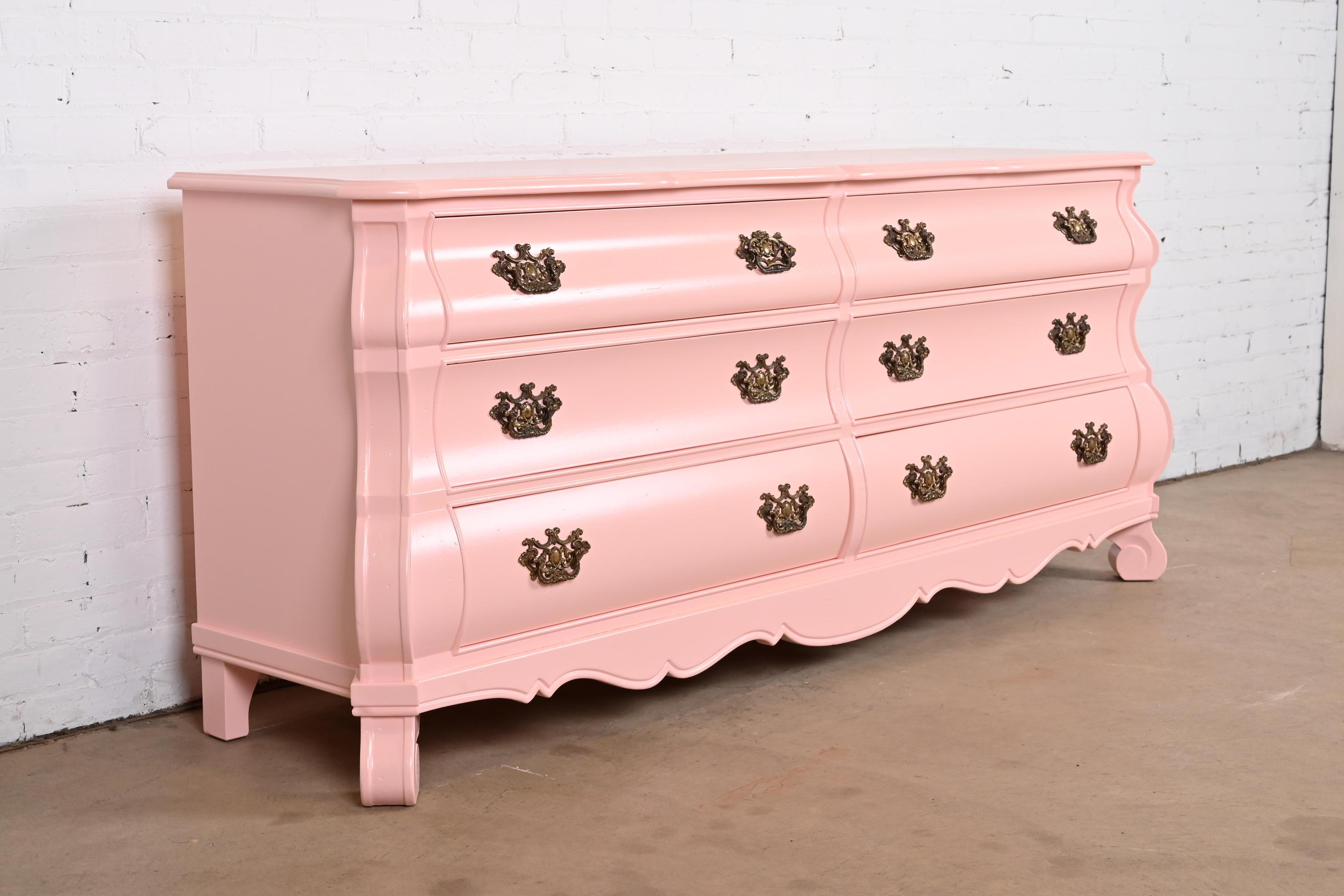 American Henredon French Provincial Louis XV Pink Lacquered Bombay Form Double Dresser For Sale