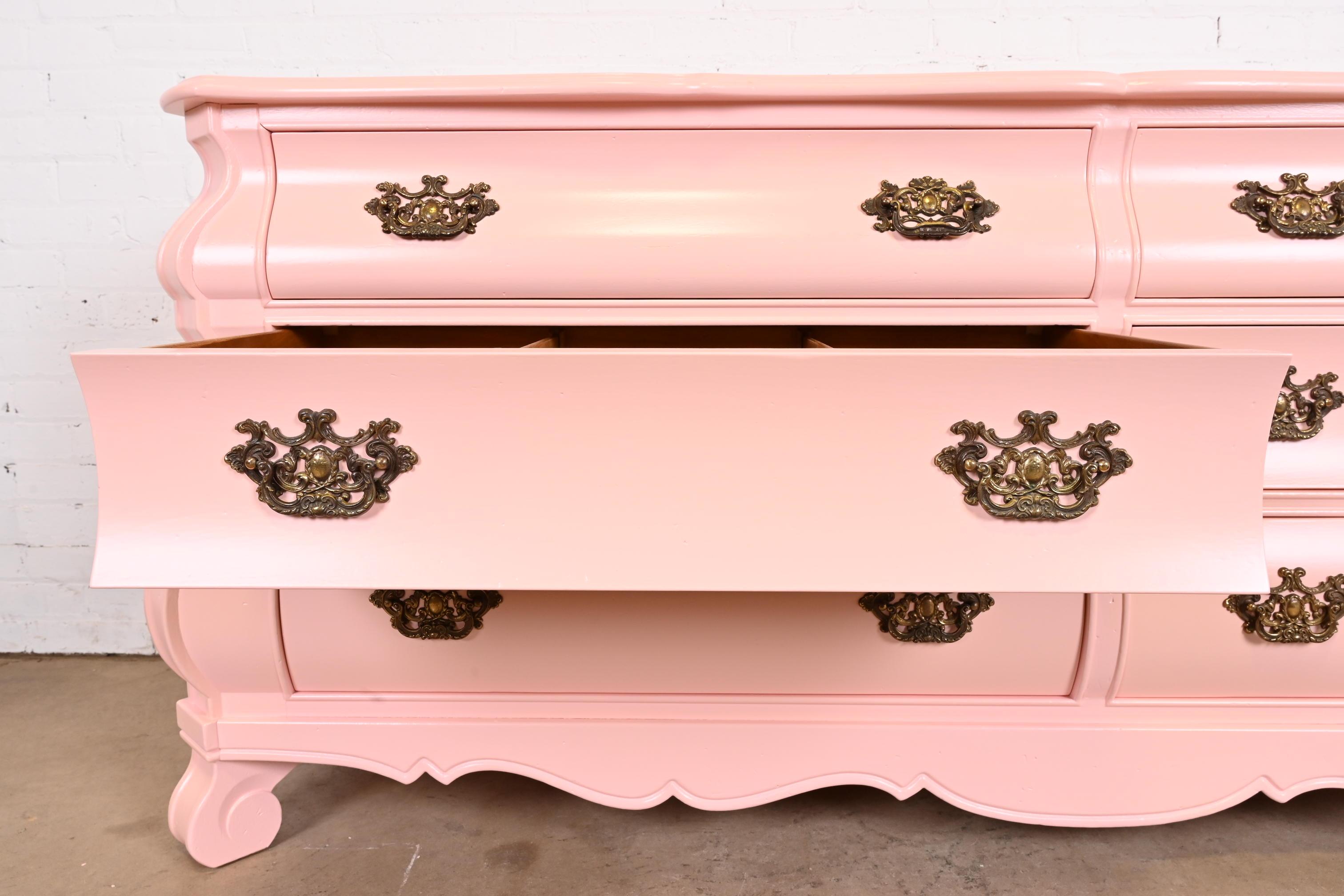 Brass Henredon French Provincial Louis XV Pink Lacquered Bombay Form Double Dresser For Sale