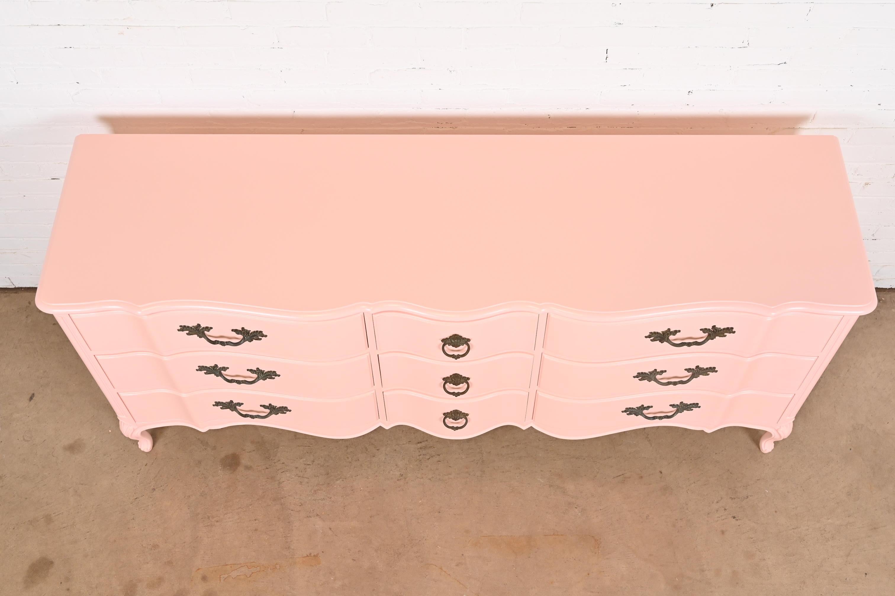 Henredon French Provincial Louis XV Pink Lacquered Dresser, Newly Refinished For Sale 7