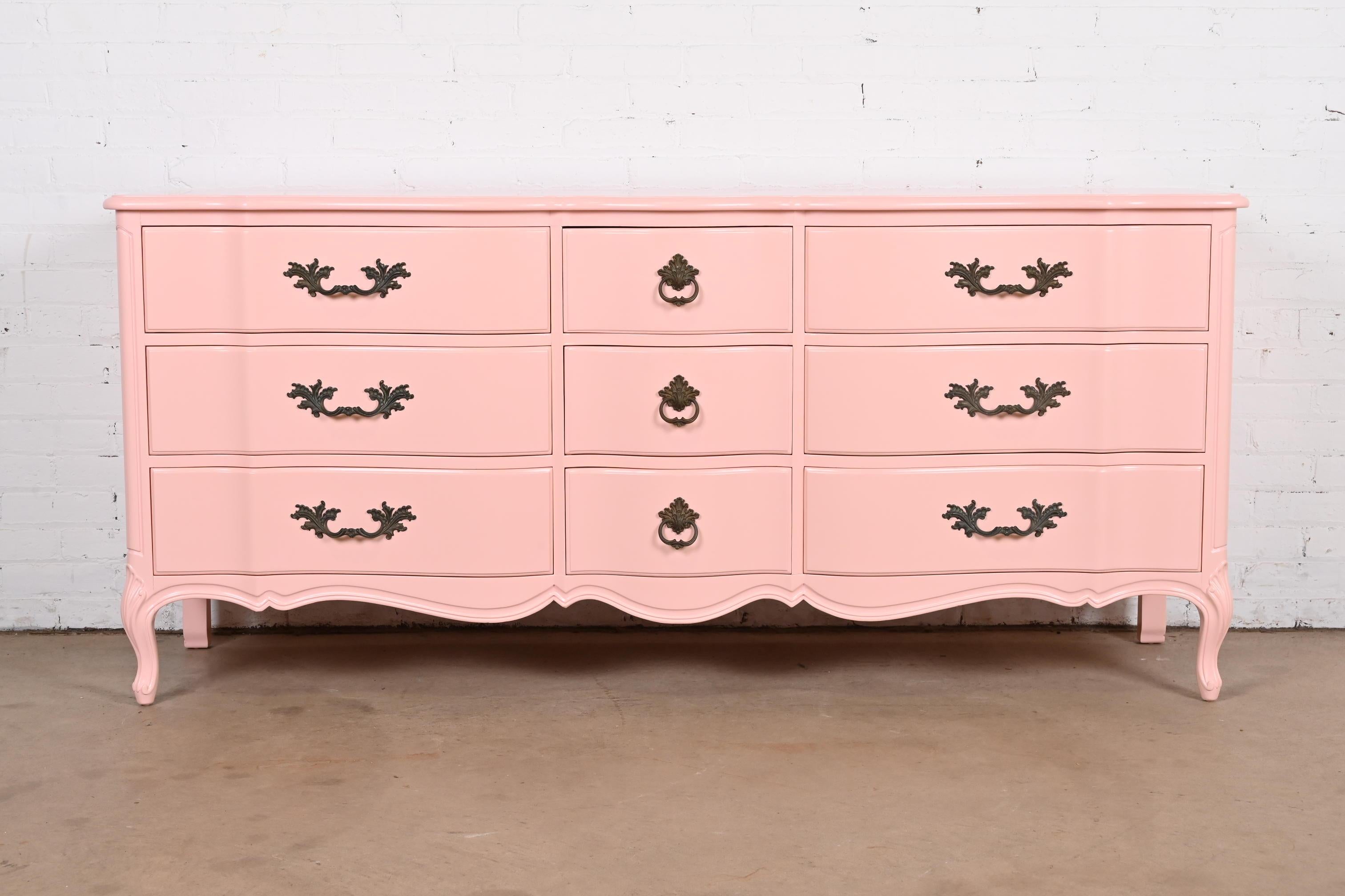 American Henredon French Provincial Louis XV Pink Lacquered Dresser, Newly Refinished For Sale