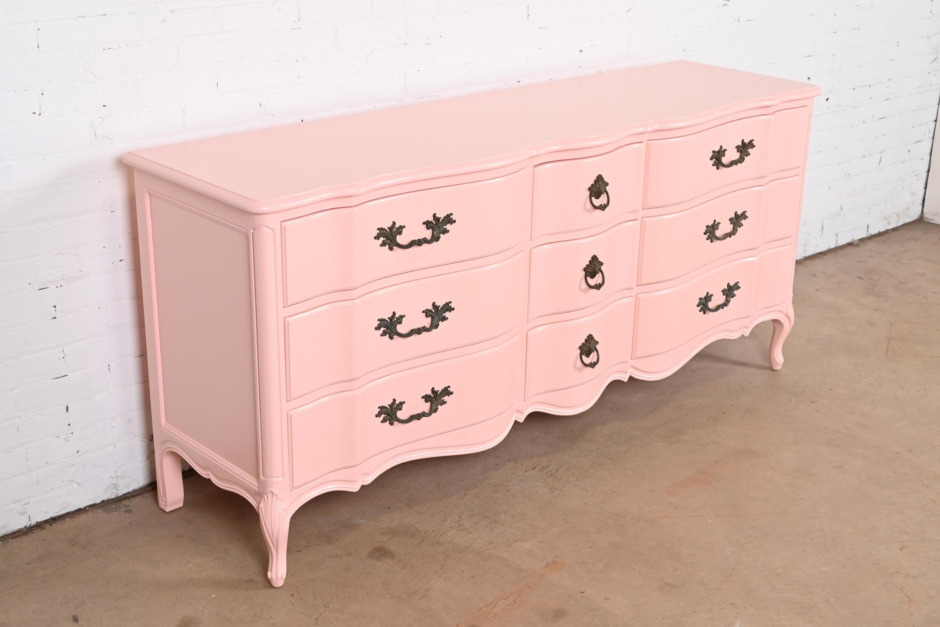 Brass Henredon French Provincial Louis XV Pink Lacquered Dresser, Newly Refinished For Sale