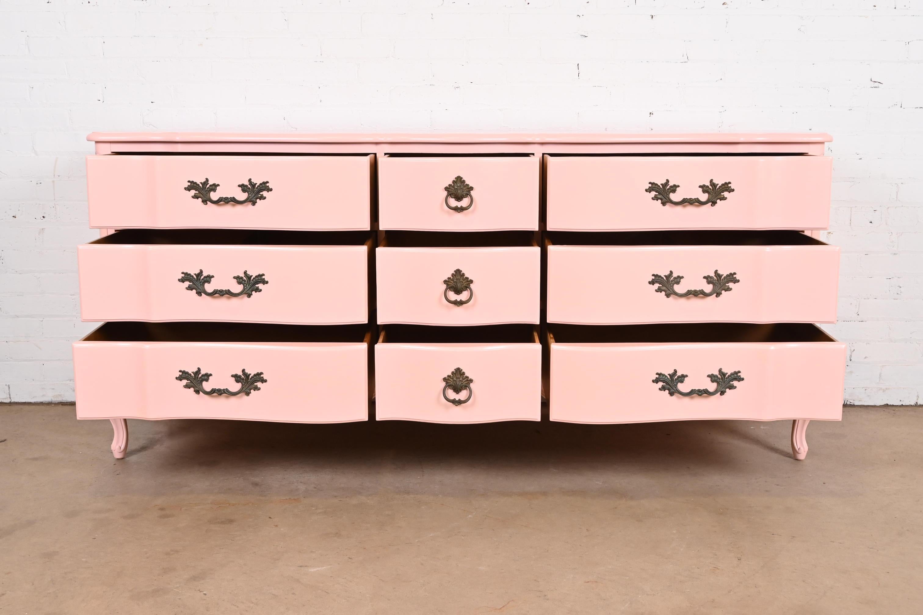Henredon French Provincial Louis XV Pink Lacquered Dresser, Newly Refinished For Sale 1