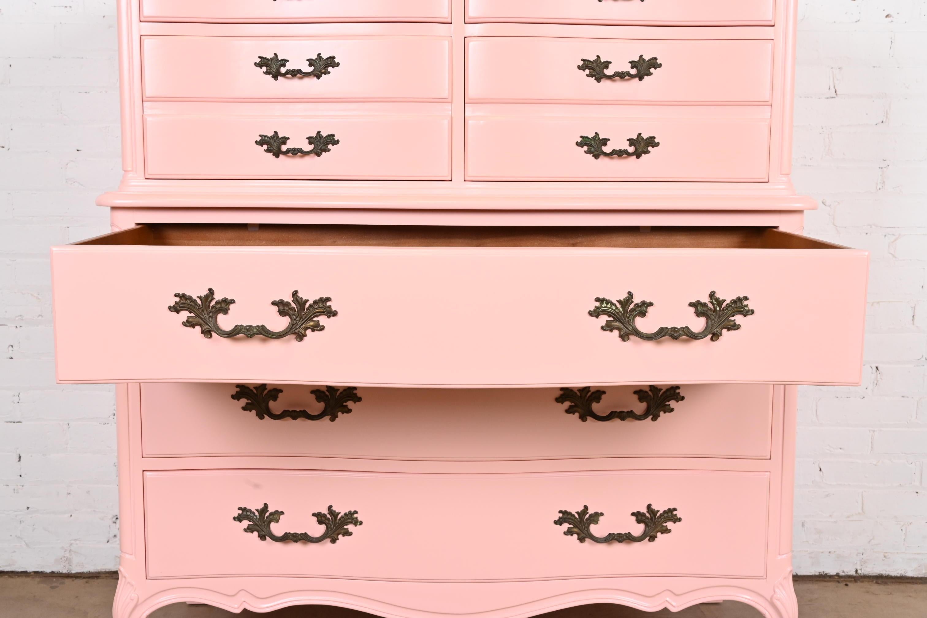 Henredon French Provincial Louis XV Pink Lacquered Highboy Dresser, Refinished For Sale 2