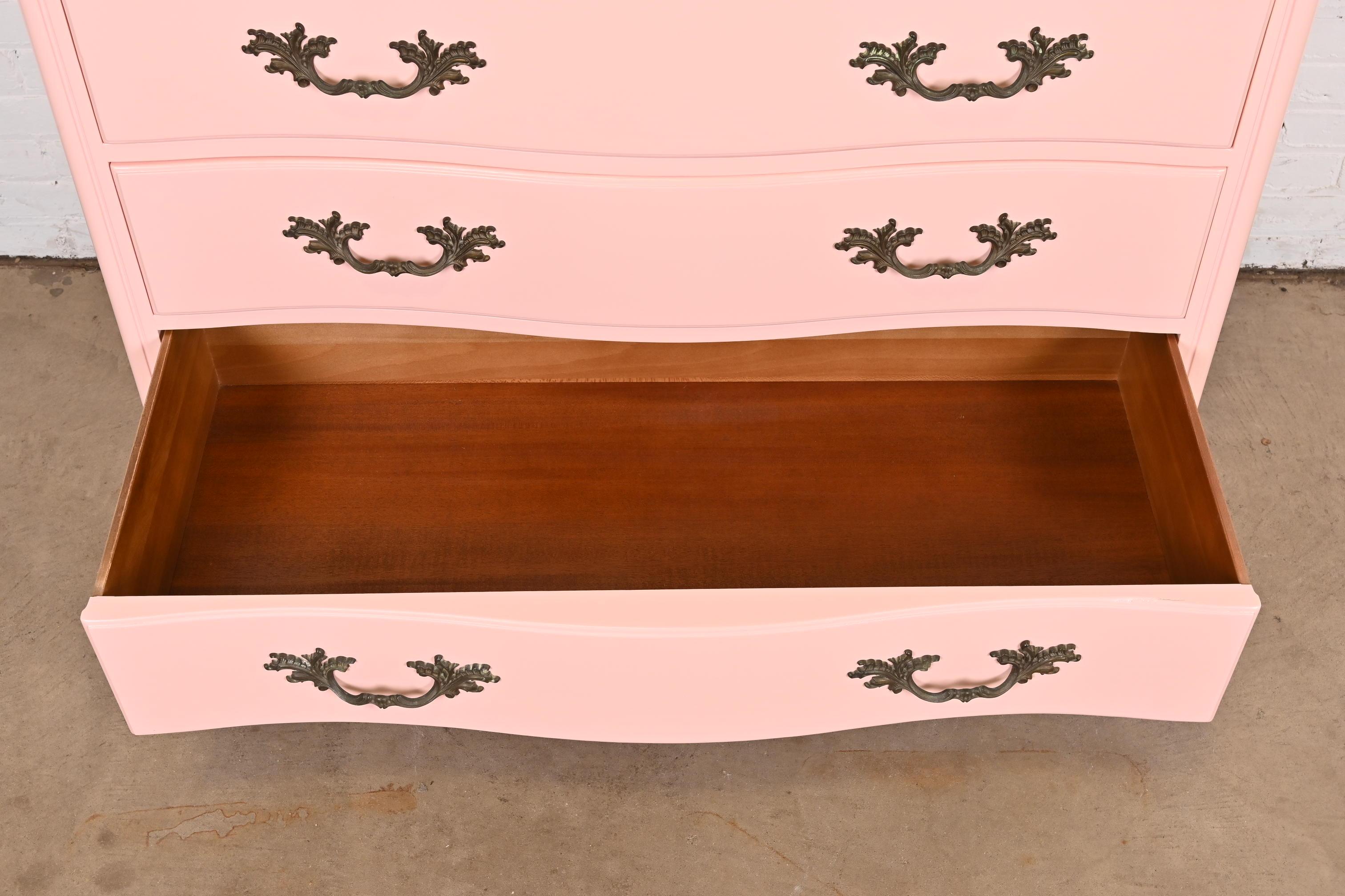 Henredon French Provincial Louis XV Pink Lacquered Highboy Dresser, Refinished For Sale 3