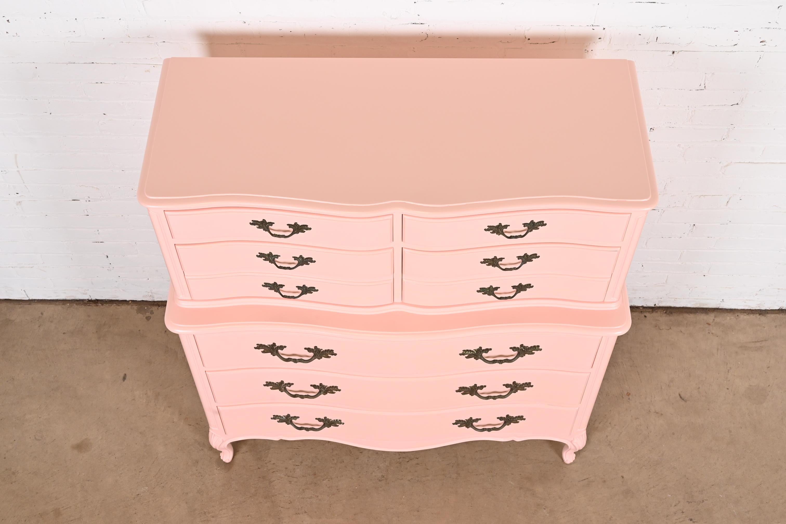 Henredon French Provincial Louis XV Pink Lacquered Highboy Dresser, Refinished For Sale 4