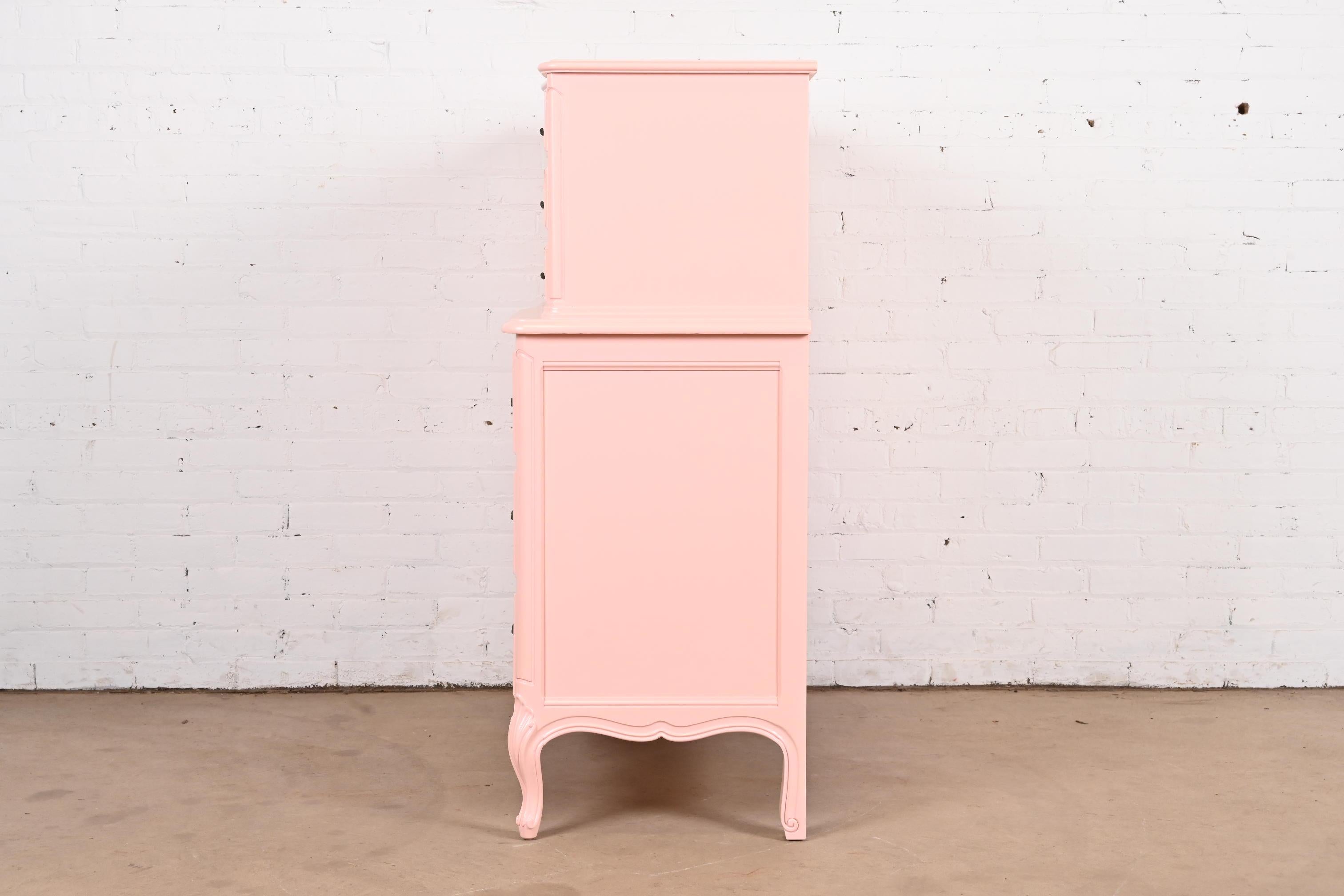 Henredon French Provincial Louis XV Pink Lacquered Highboy Dresser, Refinished For Sale 6