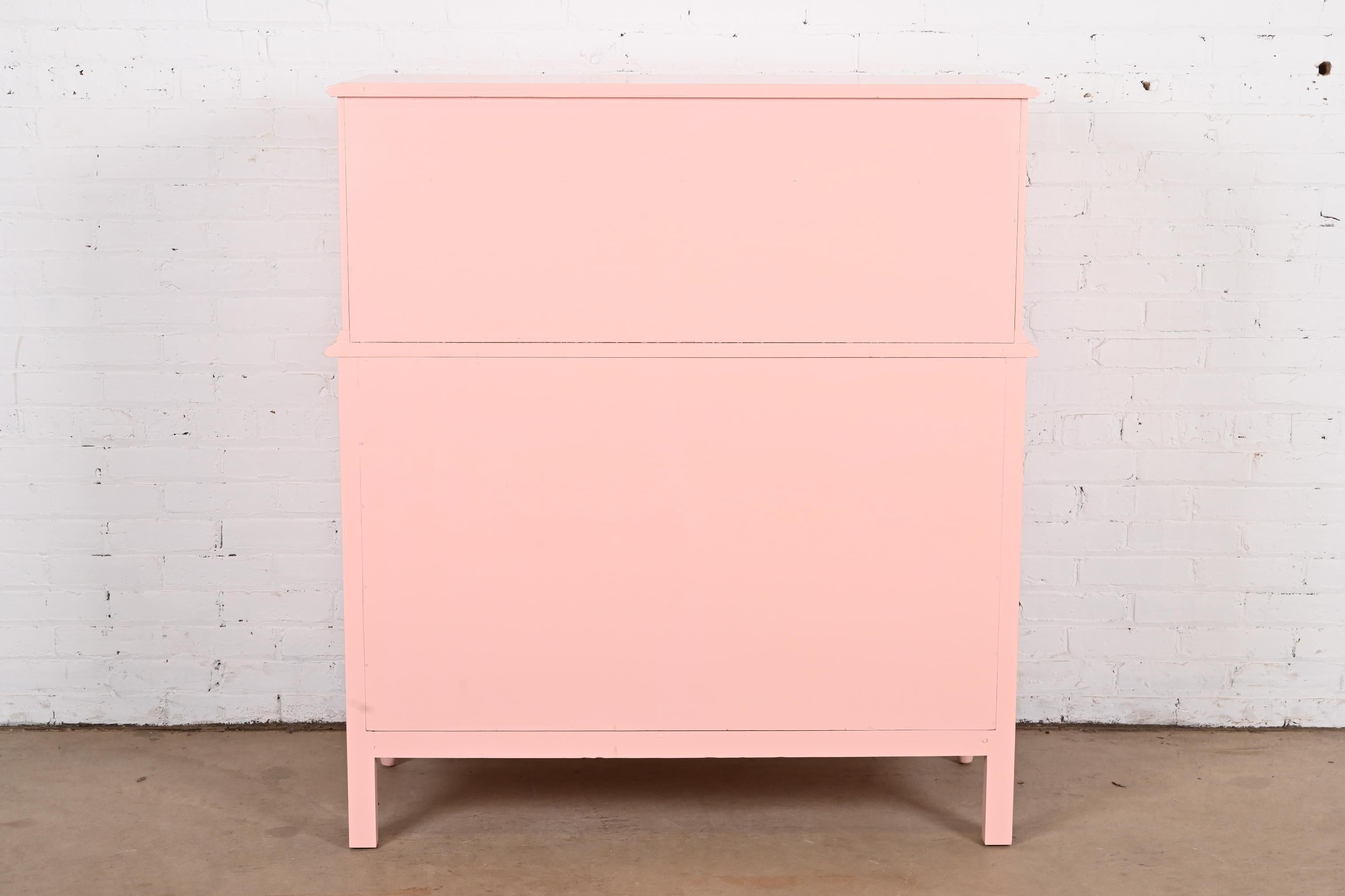 Henredon French Provincial Louis XV Pink Lacquered Highboy Dresser, Refinished For Sale 7