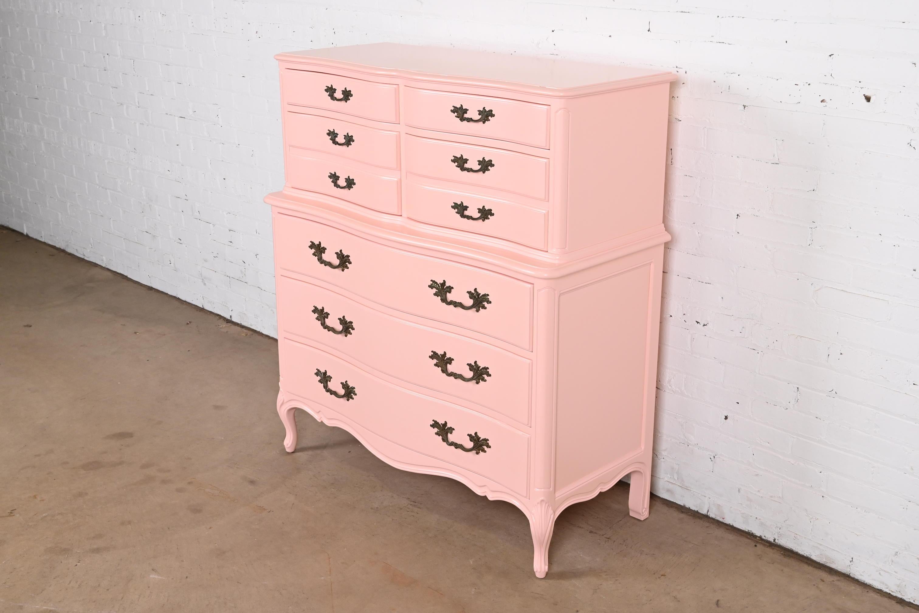 American Henredon French Provincial Louis XV Pink Lacquered Highboy Dresser, Refinished For Sale
