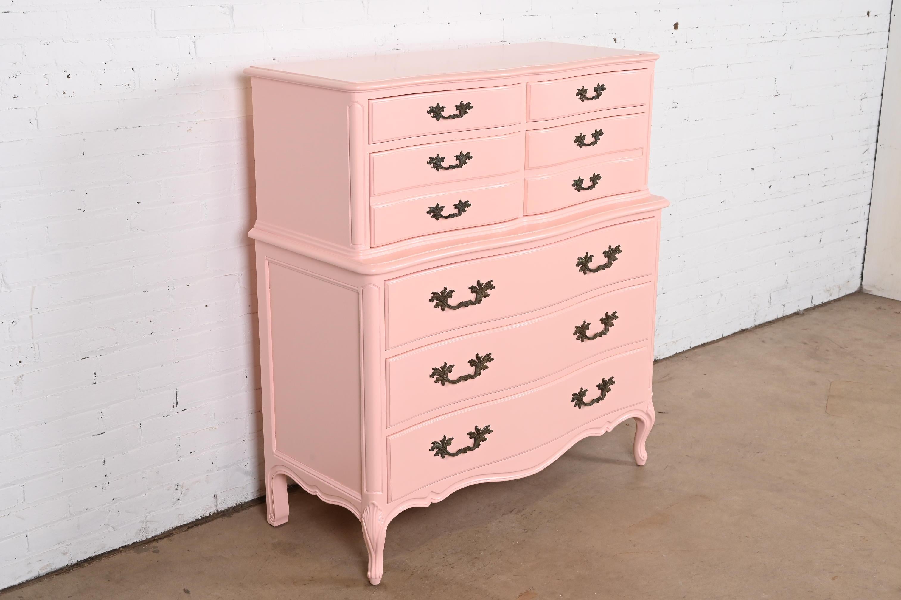 Mid-20th Century Henredon French Provincial Louis XV Pink Lacquered Highboy Dresser, Refinished For Sale