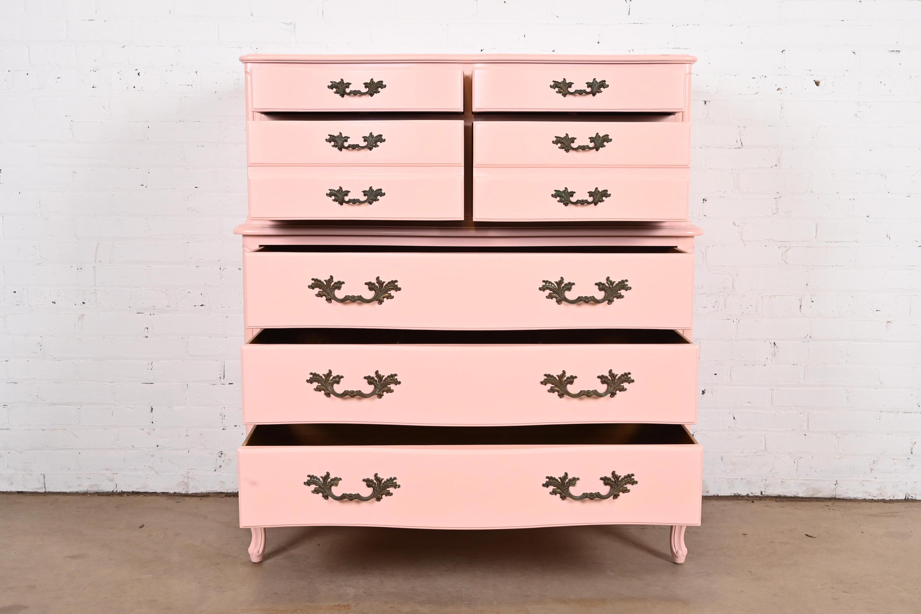 Brass Henredon French Provincial Louis XV Pink Lacquered Highboy Dresser, Refinished For Sale