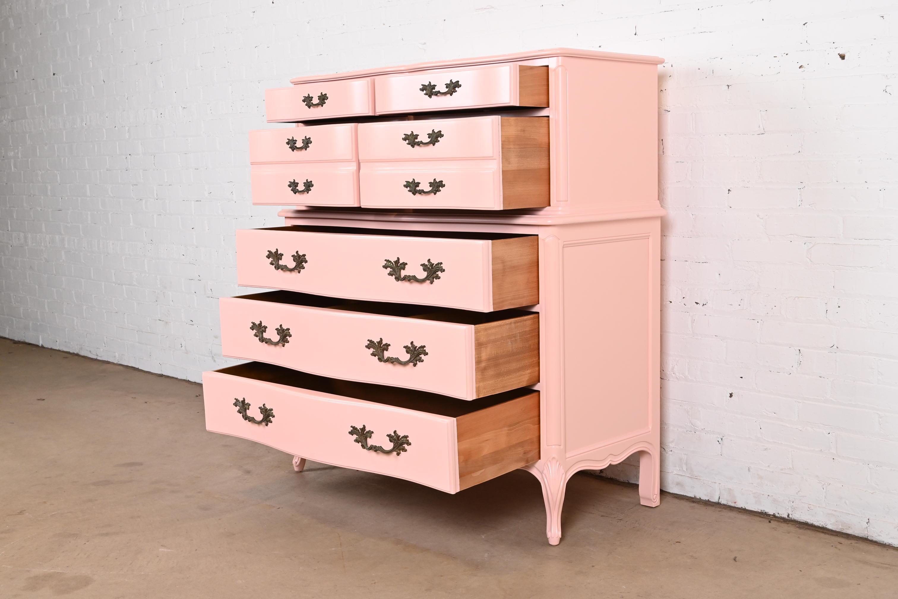 Henredon French Provincial Louis XV Pink Lacquered Highboy Dresser, Refinished For Sale 1