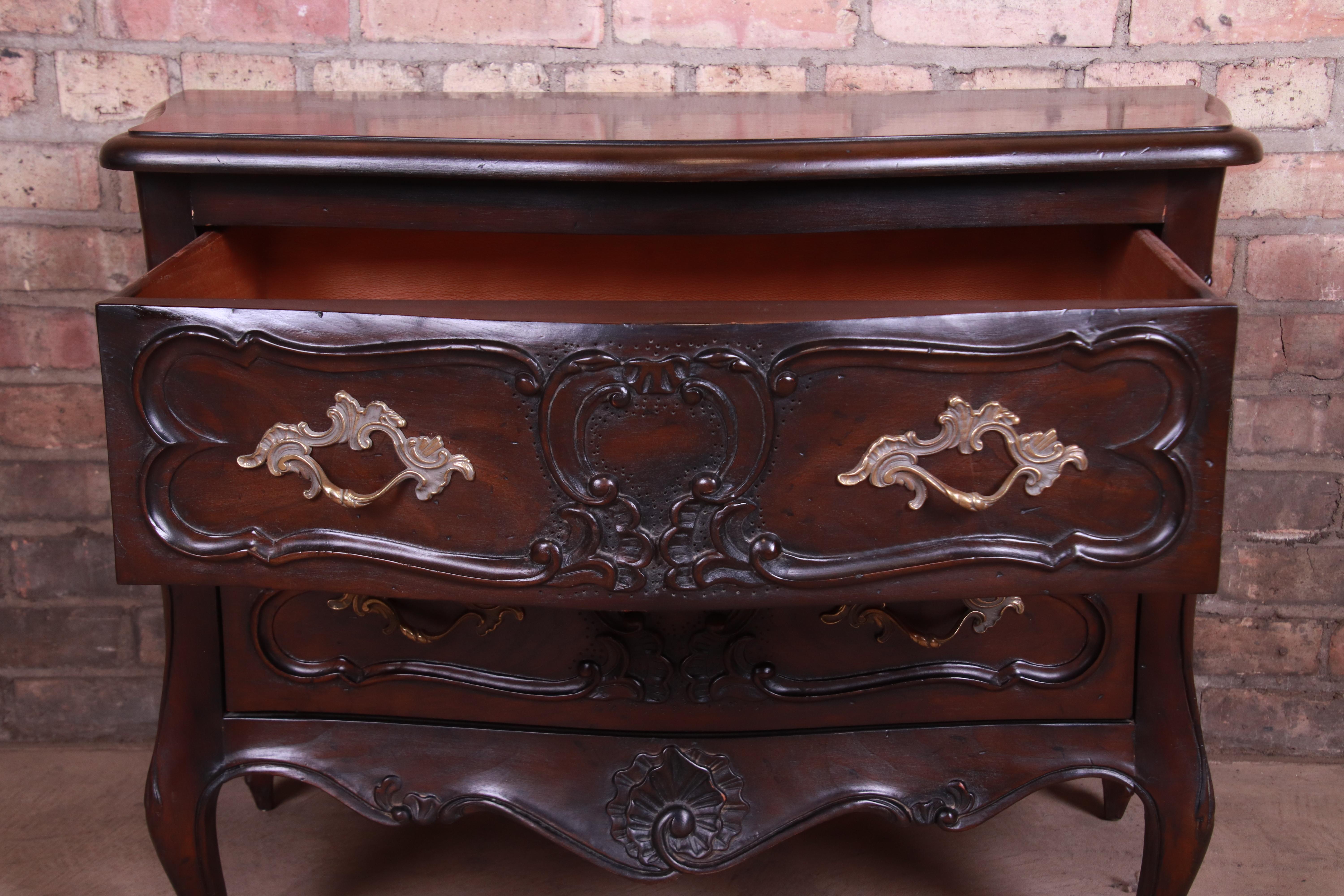 Brass Henredon French Provincial Louis XV Walnut Bombay Chest or Commode For Sale