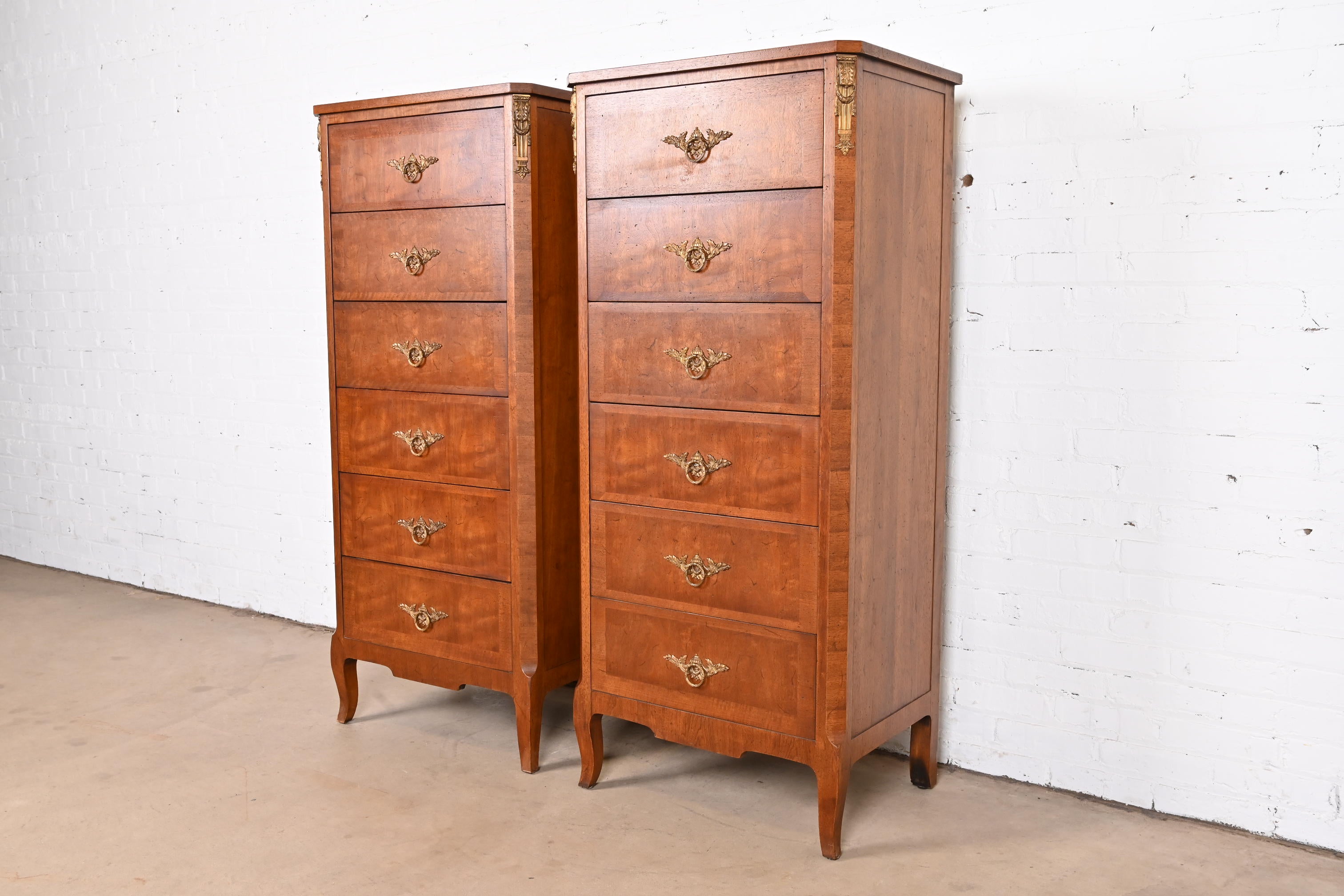 American Henredon French Provincial Louis XV Walnut Lingerie Chests with Mounted Ormolu