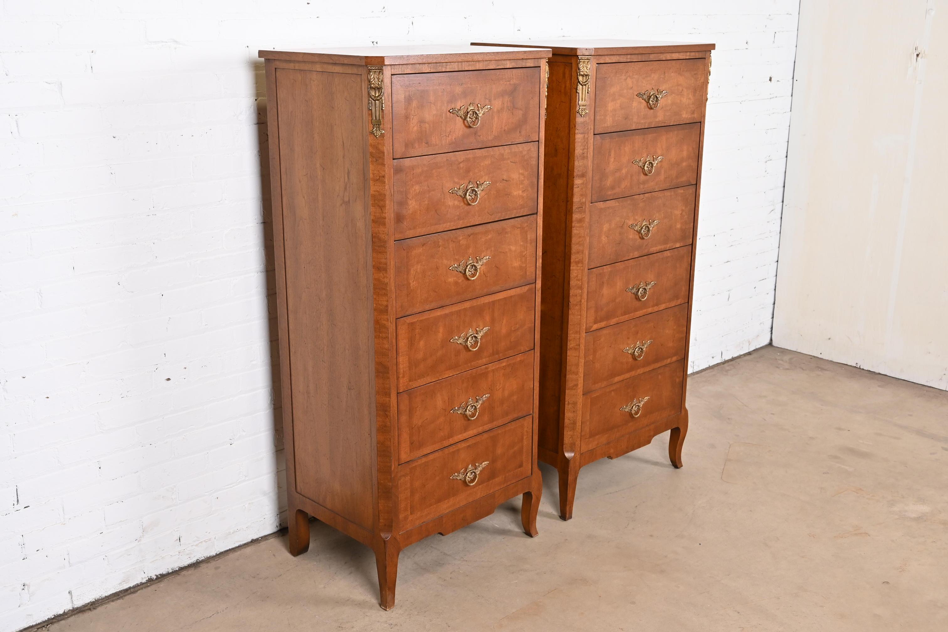 Mid-20th Century Henredon French Provincial Louis XV Walnut Lingerie Chests with Mounted Ormolu