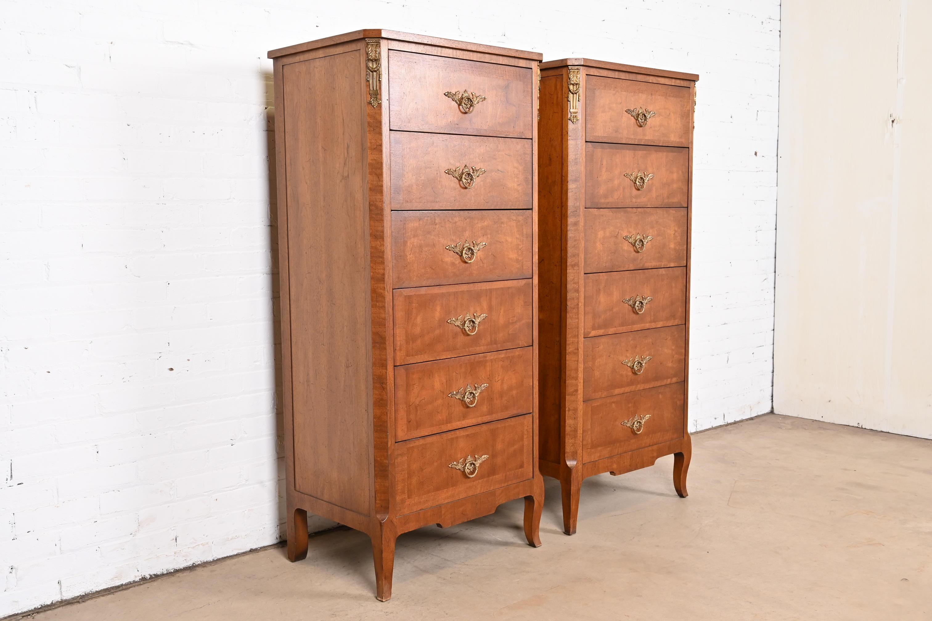 Brass Henredon French Provincial Louis XV Walnut Lingerie Chests with Mounted Ormolu