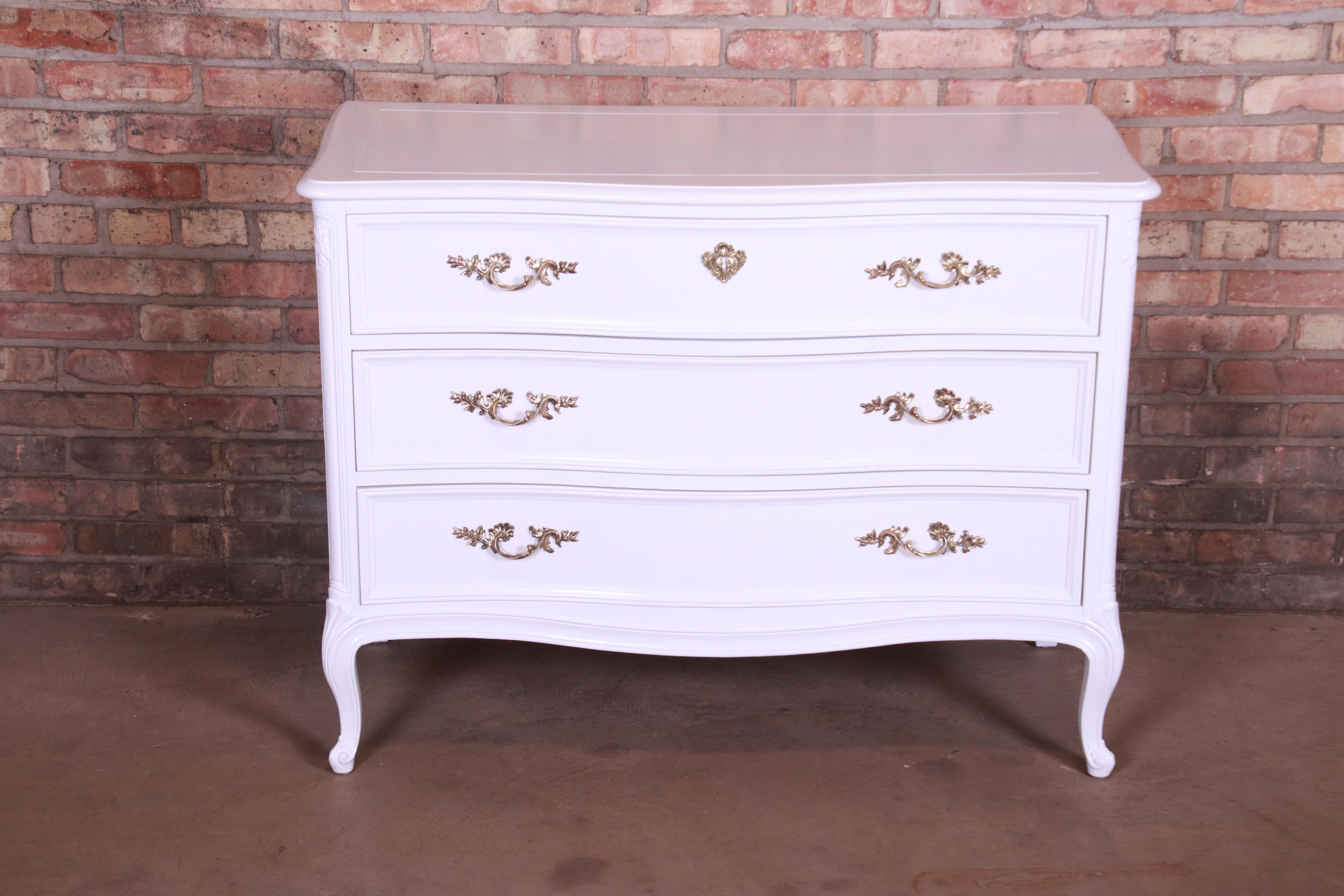 American Henredon French Provincial Louis XV White Lacquered Chest of Drawers, Refinished