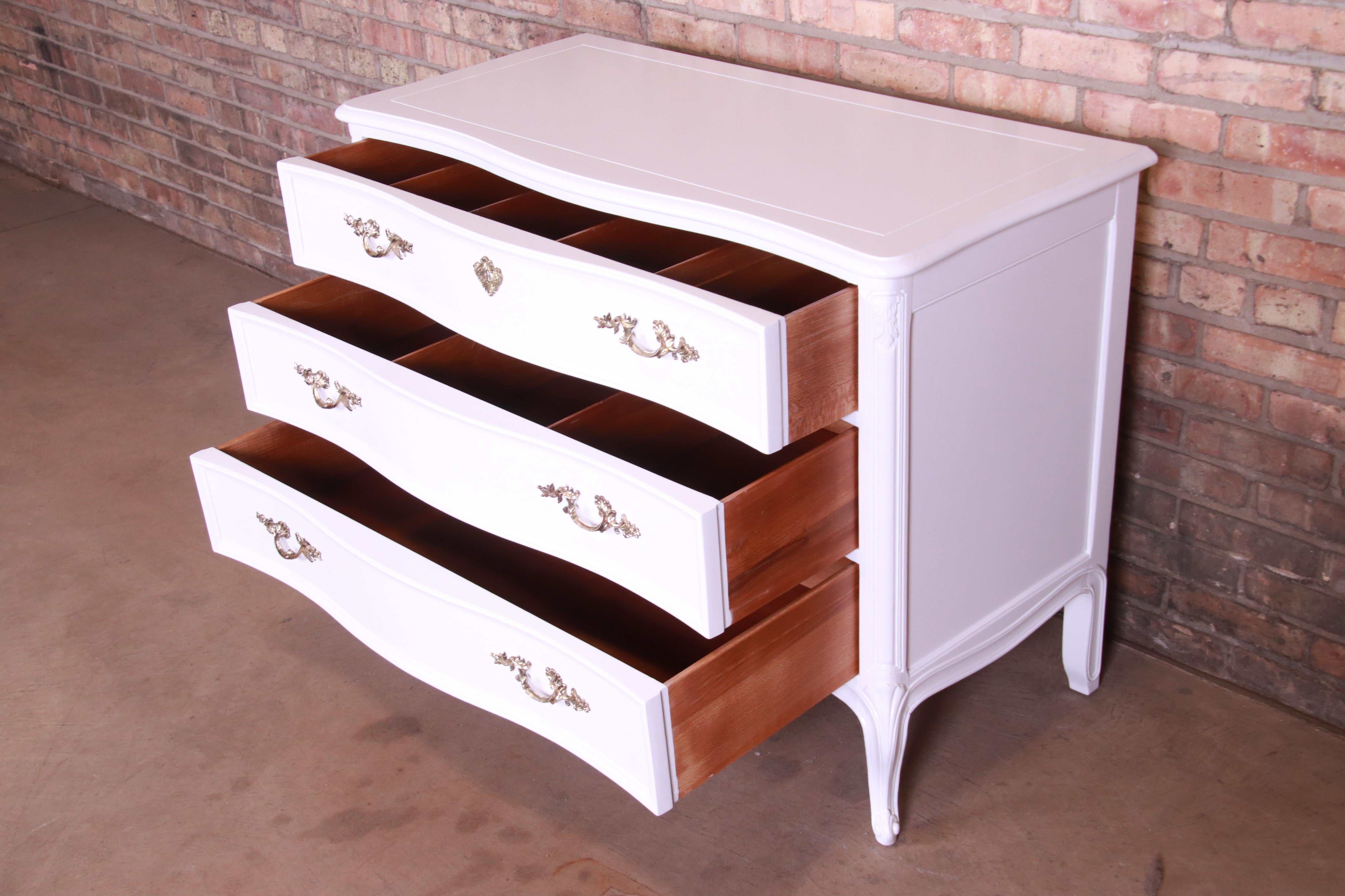 Brass Henredon French Provincial Louis XV White Lacquered Chest of Drawers, Refinished