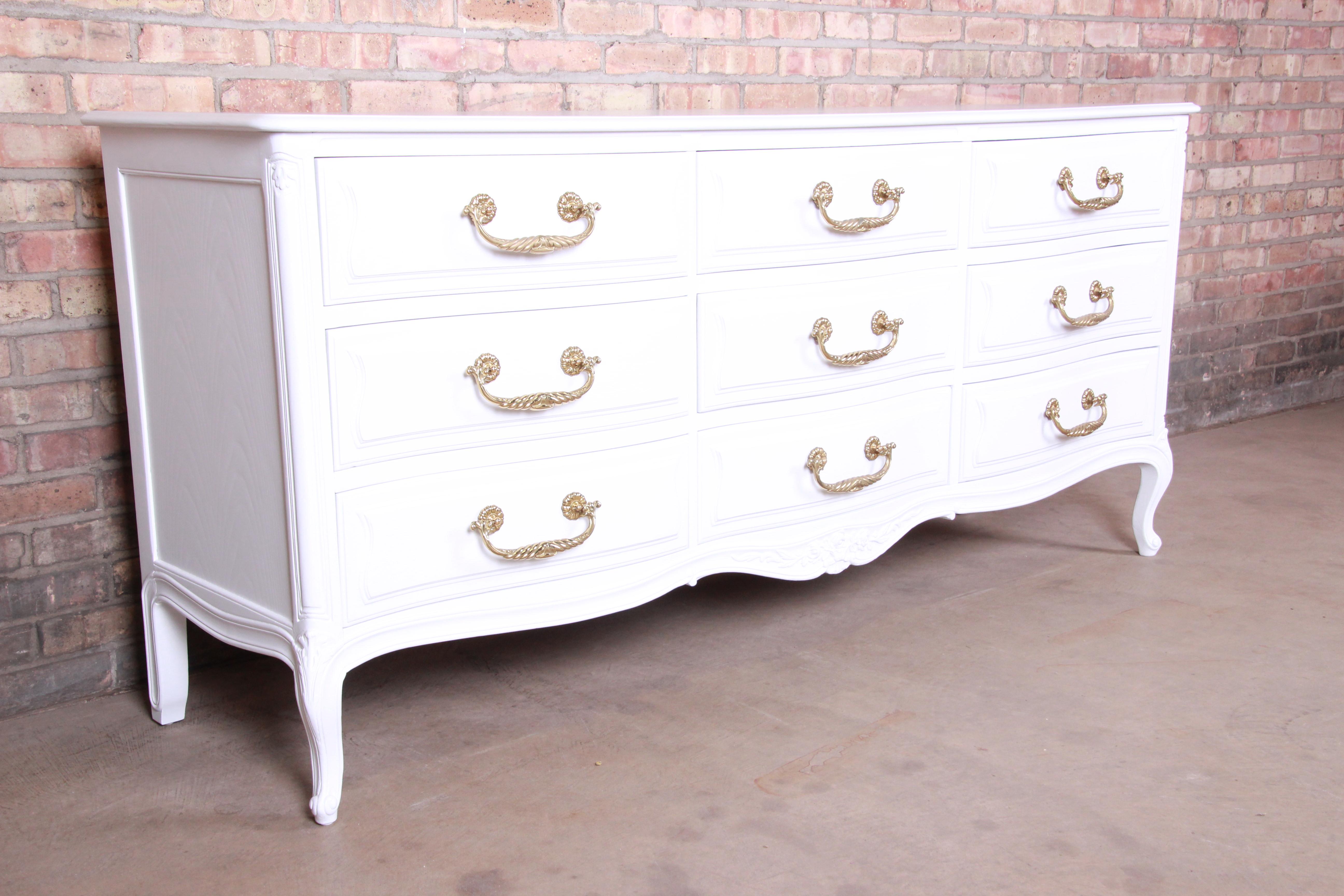 American Henredon French Provincial Louis XV White Lacquered Dresser, Newly Refinished