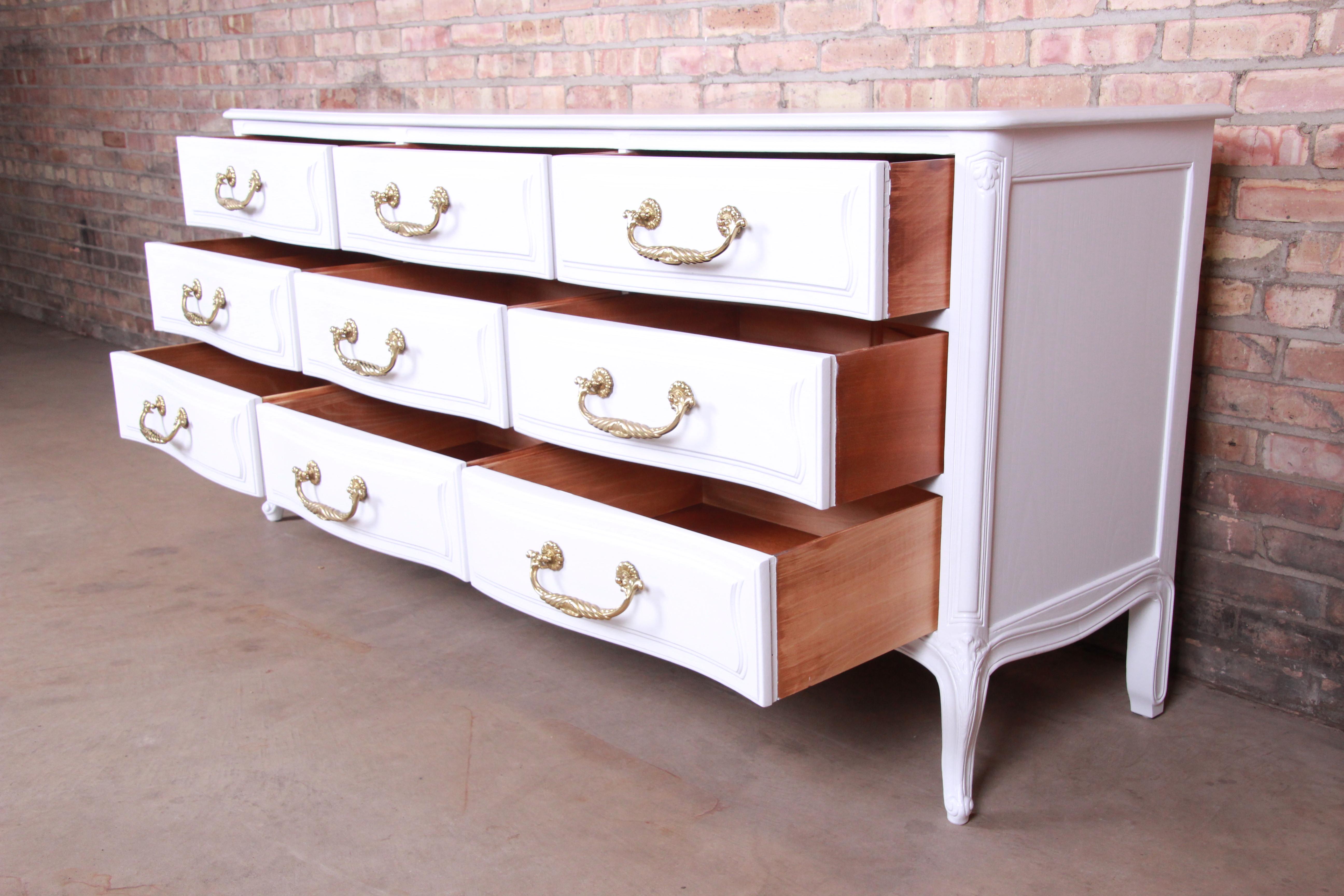Brass Henredon French Provincial Louis XV White Lacquered Dresser, Newly Refinished