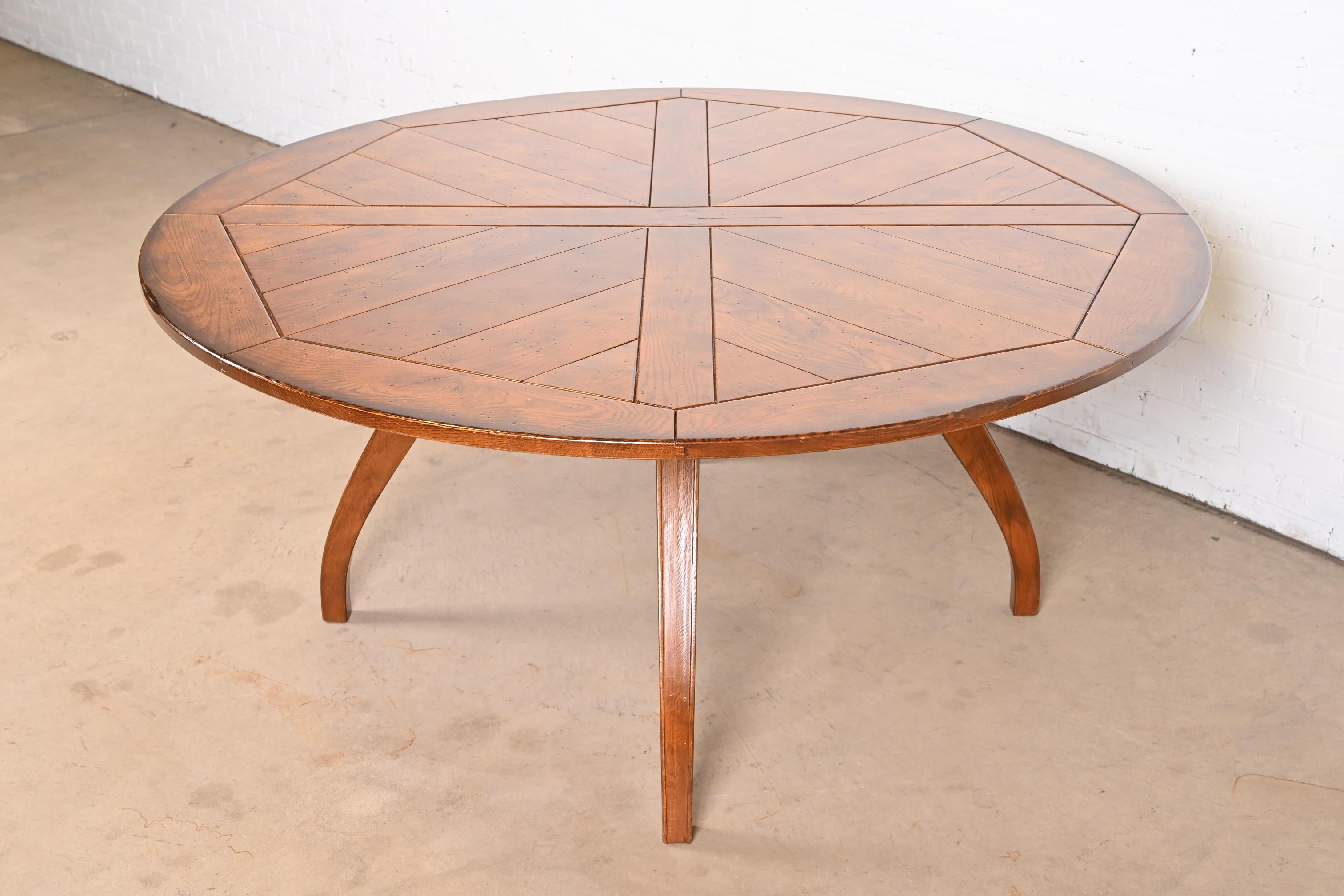 American Henredon French Provincial Rustic Oak Farmhouse Round Dining Table, Restored
