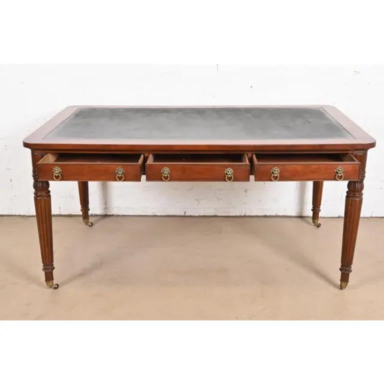 20th Century Henredon French Regency Louis XVI Carved Mahogany Leather Top Bureau Plat Desk